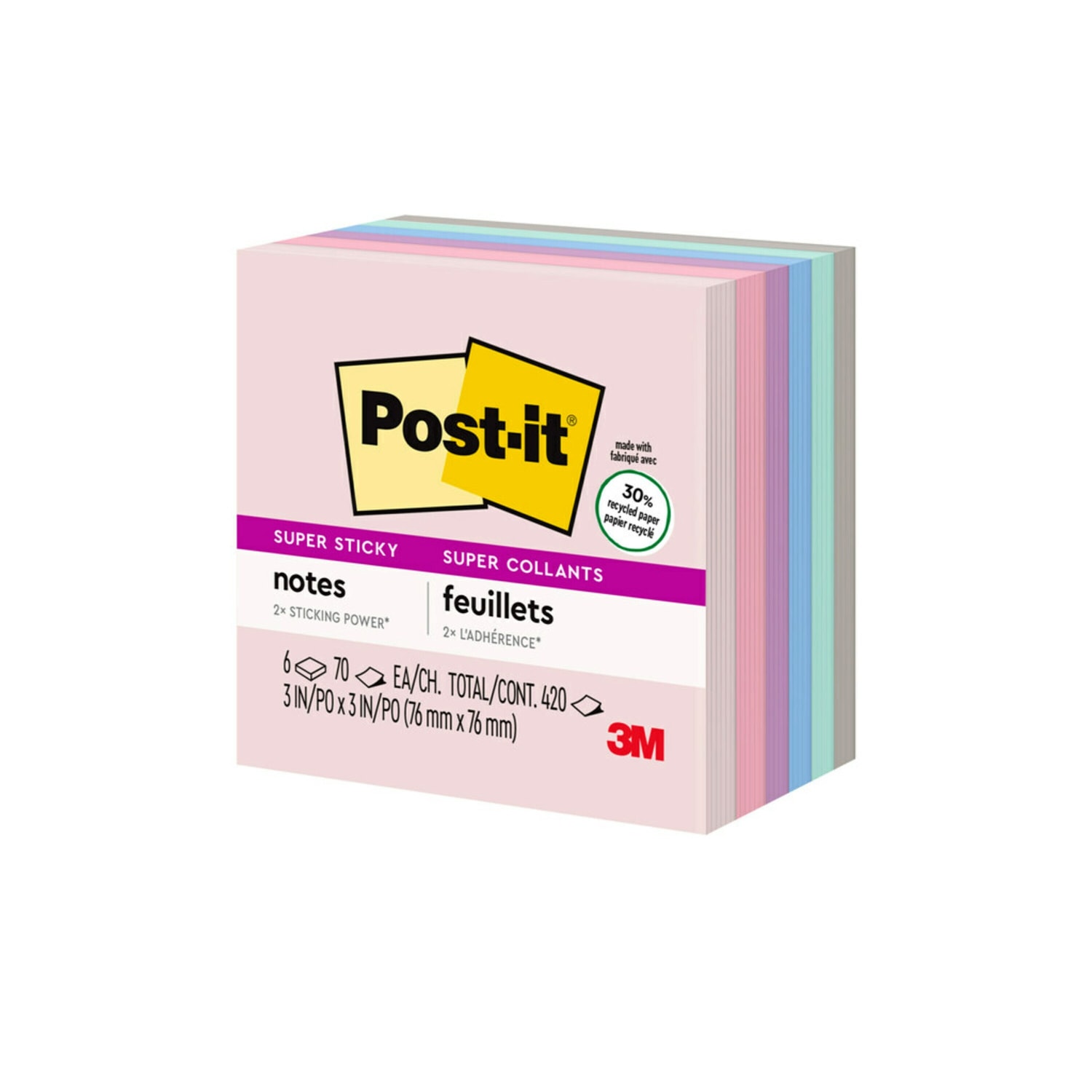 Post-it Recycled Super Sticky Notes, 3 in x 3 in, 5 Pads, 90 Sheets/Pad, 2x the Sticking Power, Wanderlust Pastels Collection, 30% Recycled - Image 5