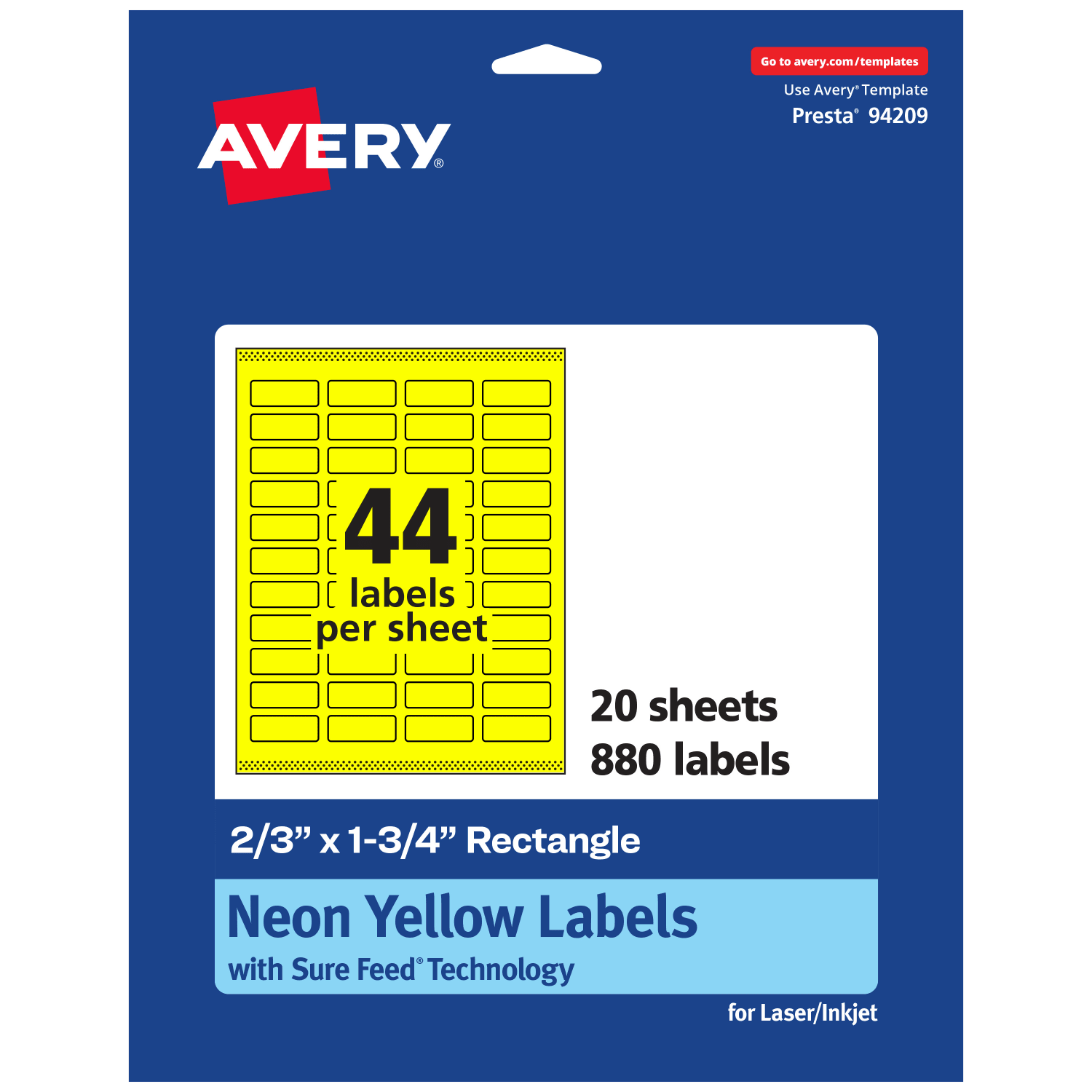 Avery Print-To-The-Edge Labels With Sure Feed Technology And Easy Peel, 94209-NYP20, Rectangle, 2/3in x 1-3/4in, Matte Neon Yellow, Pack of 880
