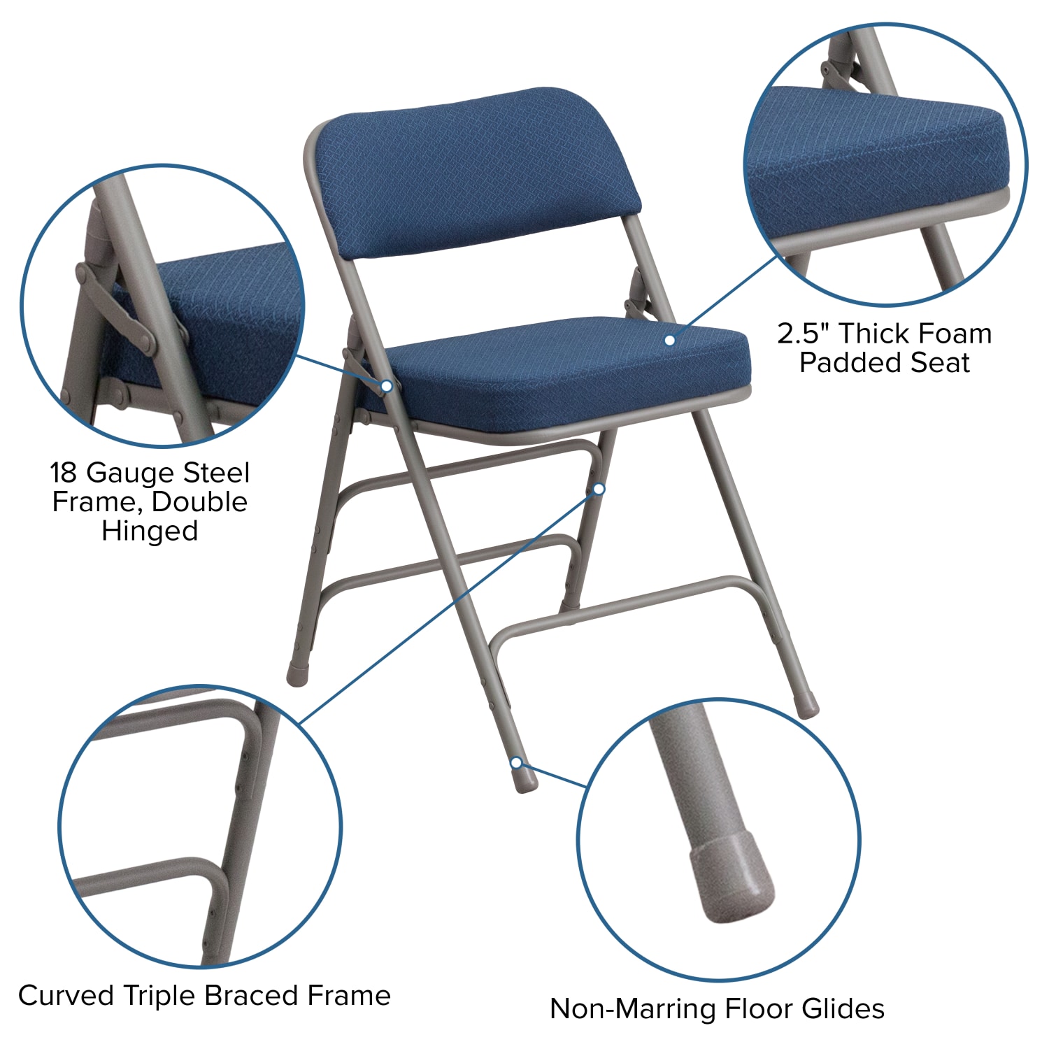 Flash Furniture HERCULES Series Premium Curved Triple Braced & Hinged Fabric Upholstered Metal Folding Chairs, Navy, Set Of 2 Chairs - Image 7