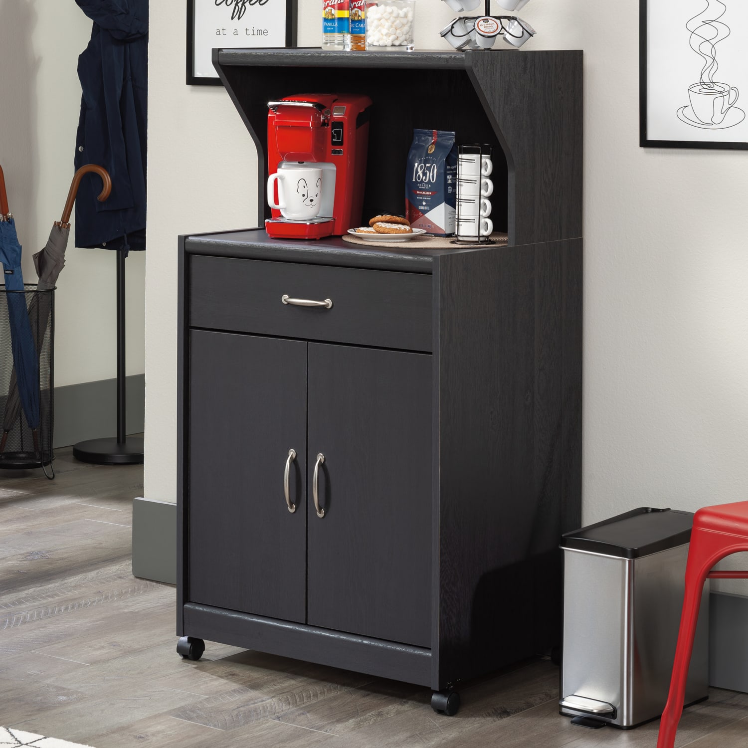 Sauder 25inW Storage, Microwave And Kitchen Cart, Raven Oak - Image 4