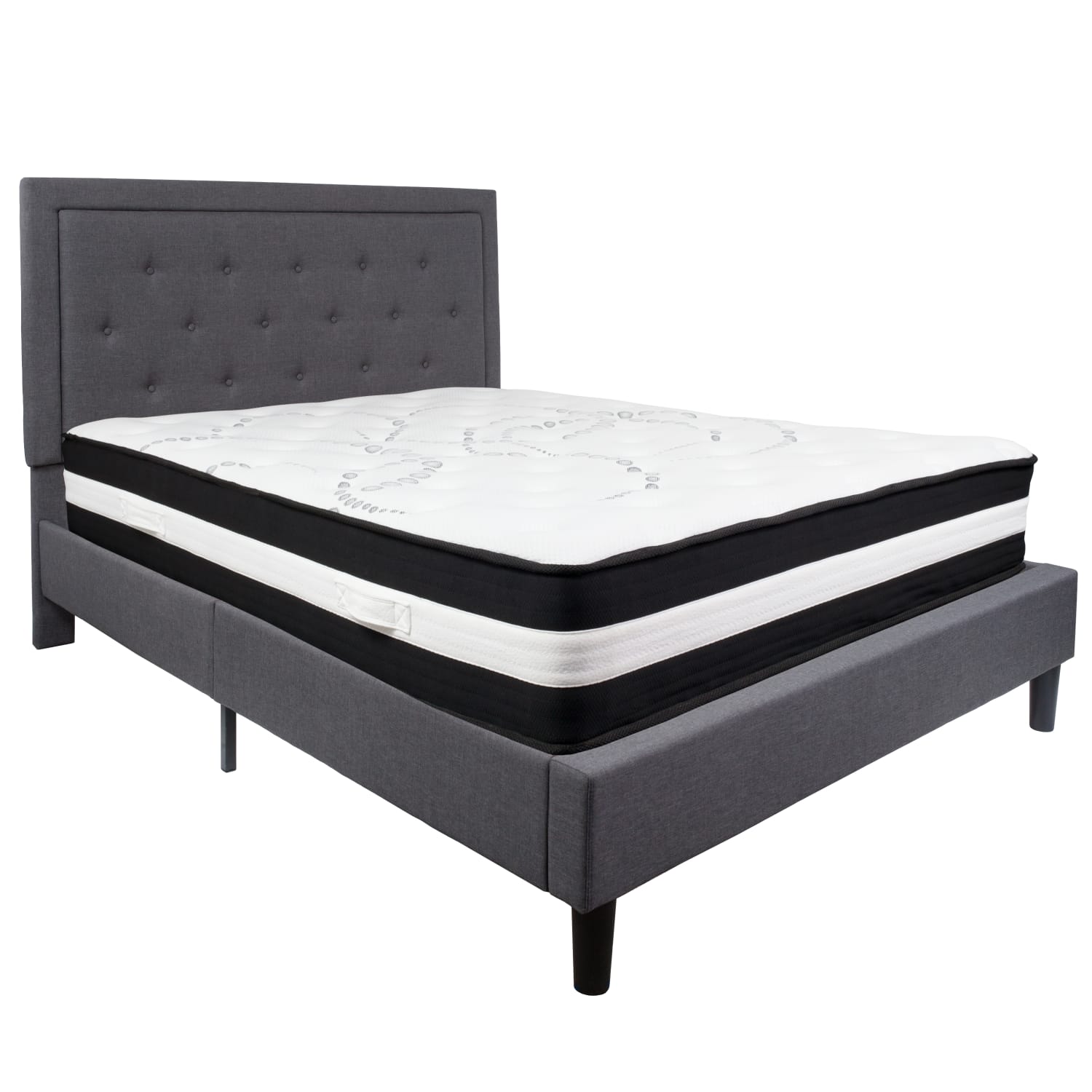 Flash Furniture Roxbury Panel Tufted Upholstered Platform Bed and Pocket Spring Mattress, Queen, 50-3/4inH x 65-3/4inW x 85-3/4inL, Dark Gray - Image 3