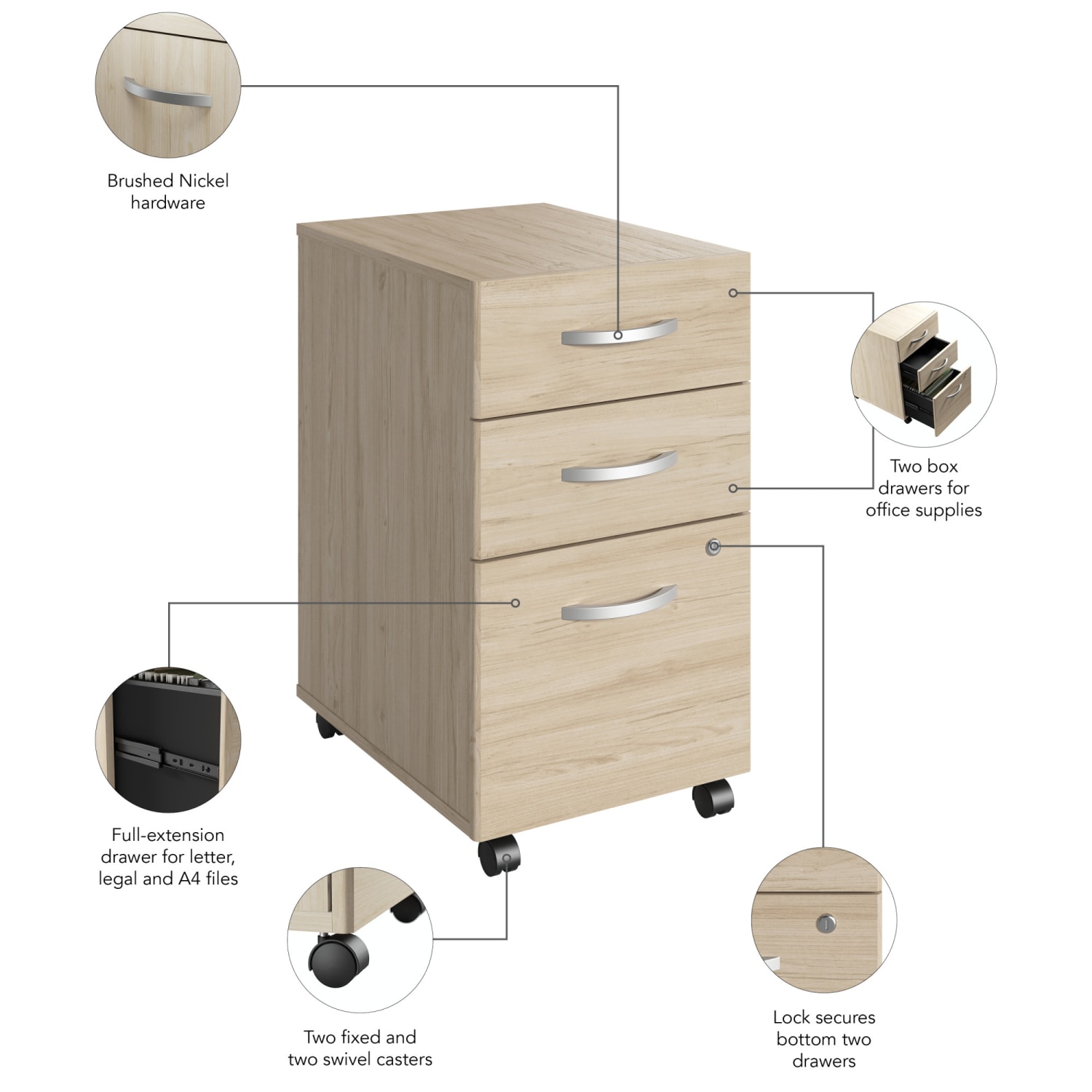 Bush Business Furniture Studio C 3-Drawer Mobile File Cabinet, Natural Elm, Standard Delivery - Image 6