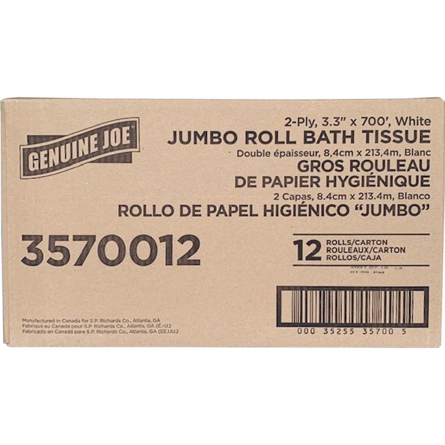 Genuine Joe Jumbo Jr Dispenser Bath Tissue Roll - 2 Ply - 3.30in Width x 700 ft Length - 8.88in Roll Diameter - White - Fiber - 12 / Carton - Image 6