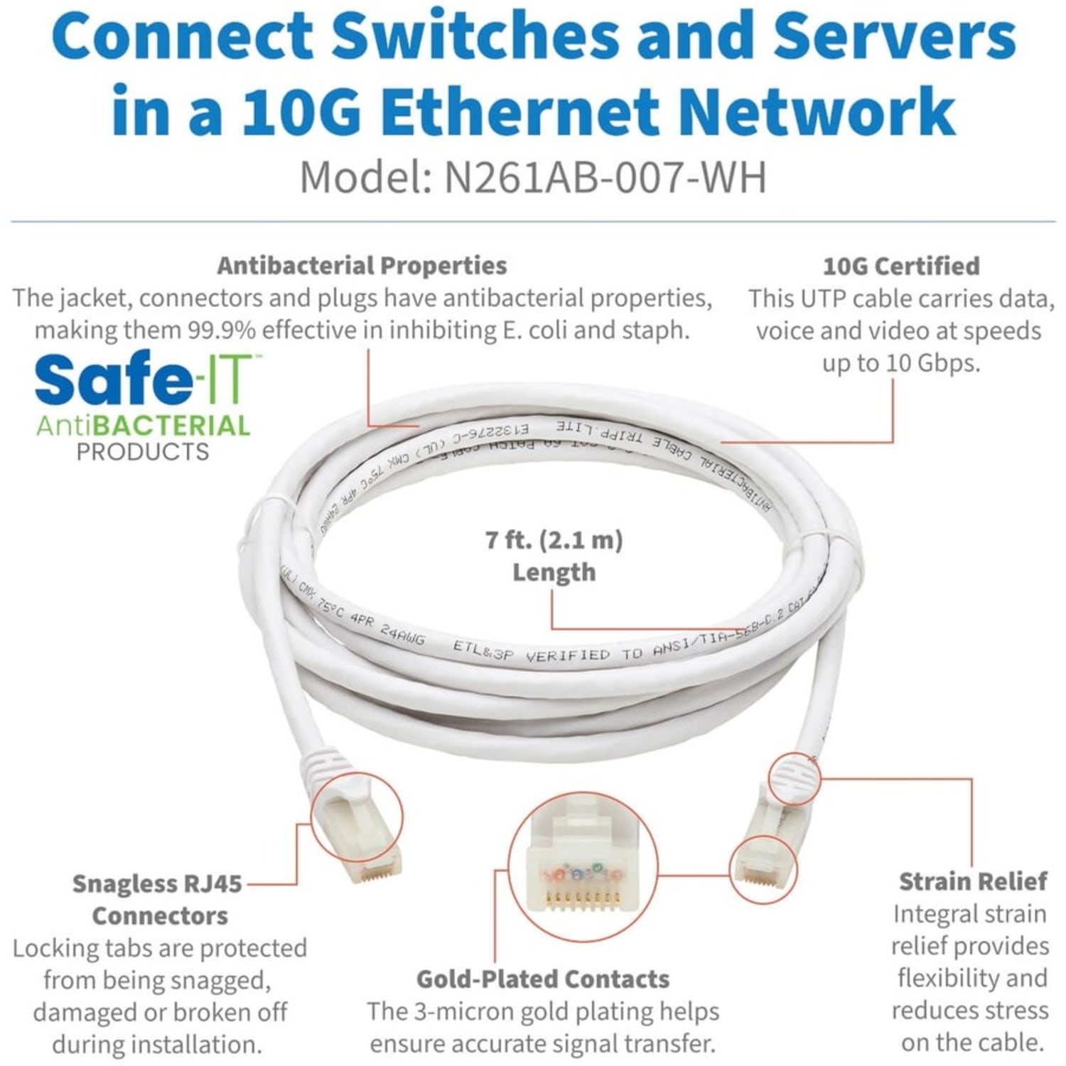 Tripp Lite Safe-IT Cat6a Ethernet Cable Antibacterial Snagless 10G M/M 7ft] - 10 Gbit/s - Gold Plated Contact - CMX - 24 AWG - White - Image 3