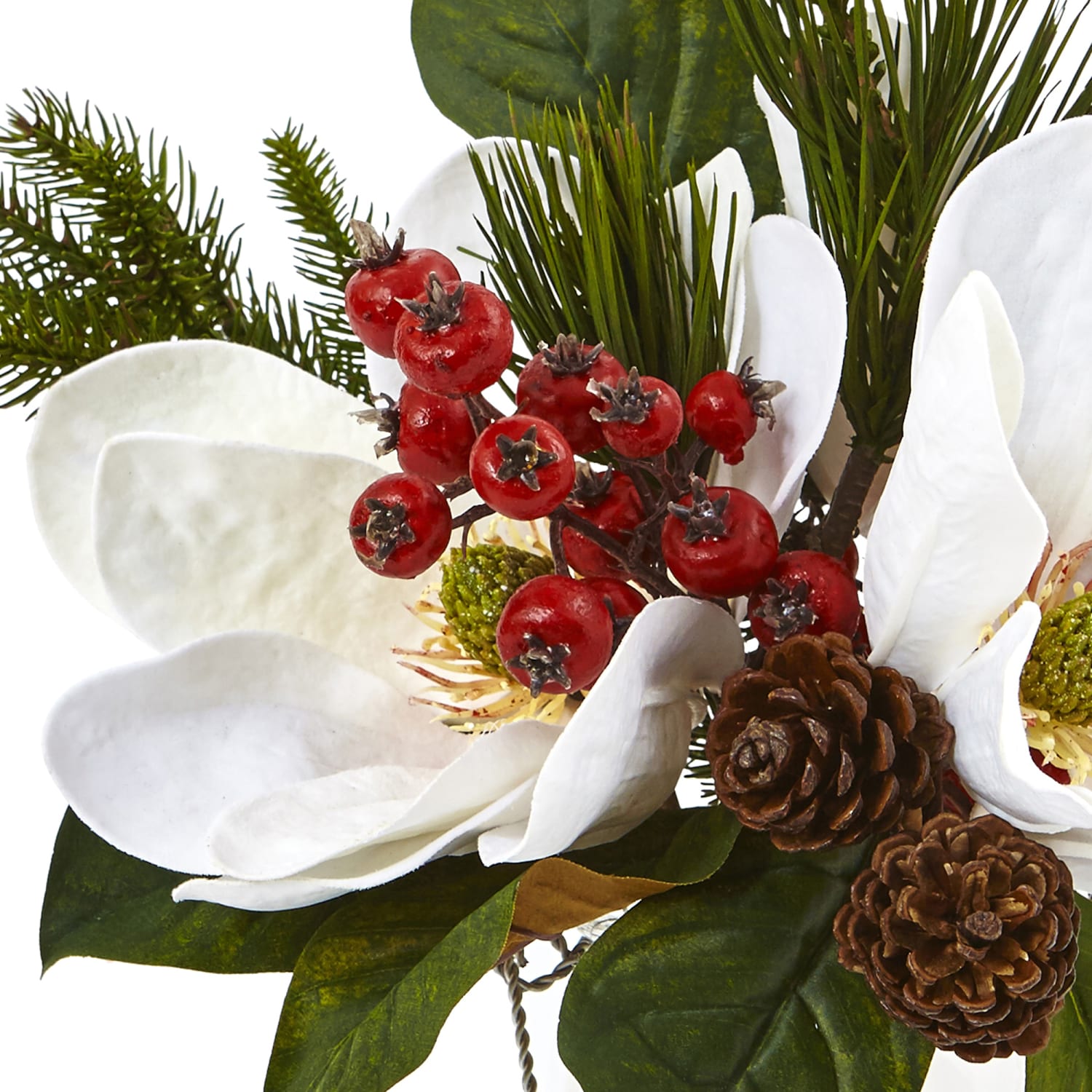 Nearly Natural 12inH Magnolia, Pine And Berry Holiday Arrangement In Glass Vase, 12inH x 13inW x 11inD, Clear/White - Image 3