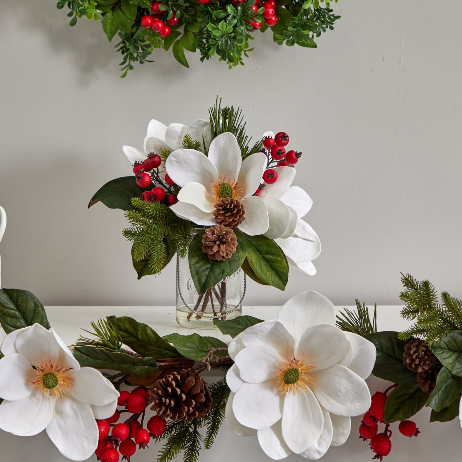 Nearly Natural 12inH Magnolia, Pine And Berry Holiday Arrangement In Glass Vase, 12inH x 13inW x 11inD, Clear/White - Image 4