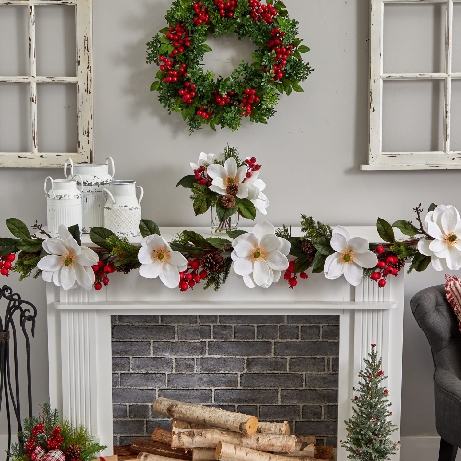 Nearly Natural 12inH Magnolia, Pine And Berry Holiday Arrangement In Glass Vase, 12inH x 13inW x 11inD, Clear/White - Image 5