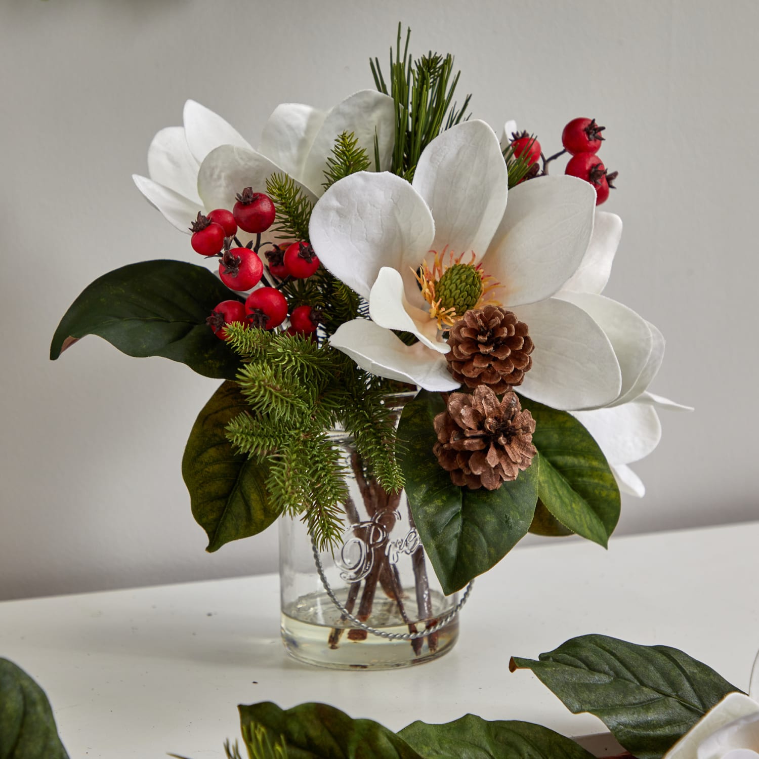 Nearly Natural 12inH Magnolia, Pine And Berry Holiday Arrangement In Glass Vase, 12inH x 13inW x 11inD, Clear/White - Image 6