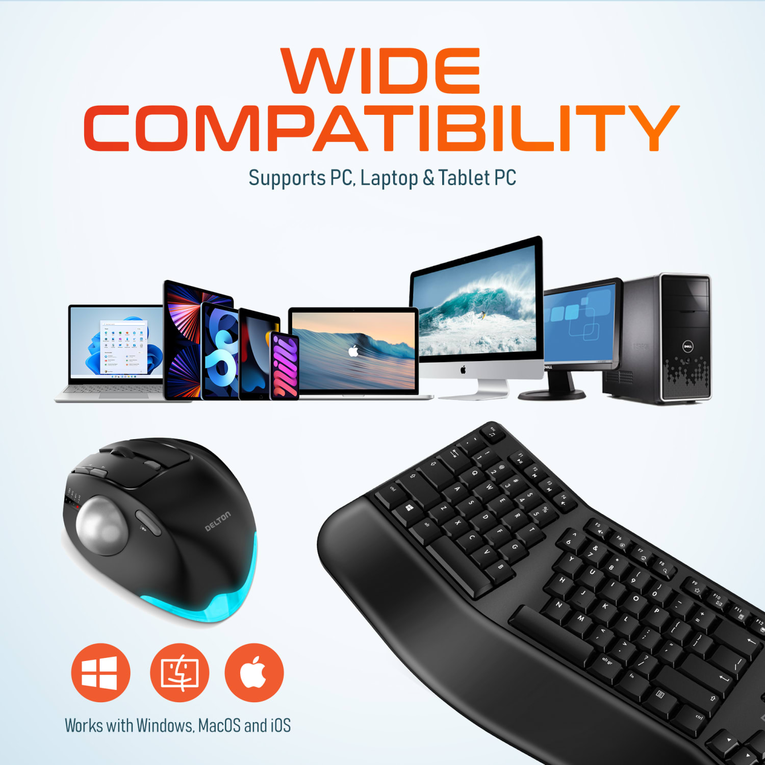 Delton KB200 Ergonomic Wireless Keyboard and Trackball Mouse Combo, 2.4GHz/USB Dongle, Black, Total Qty 1 - Image 5