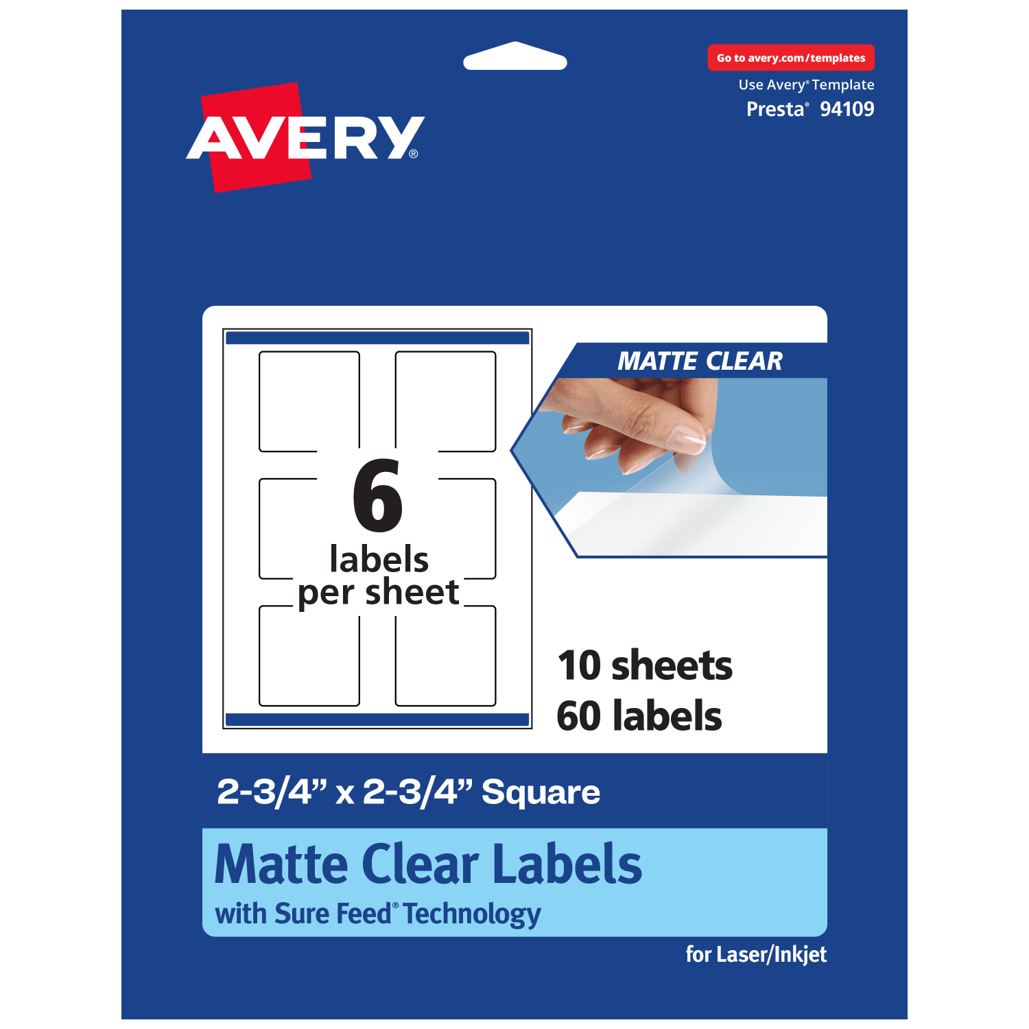Avery Permanent Labels With Sure Feed, 94109-CMF10, Square, 2-3/4in x 2-3/4in, Matte Clear, Pack Of 60