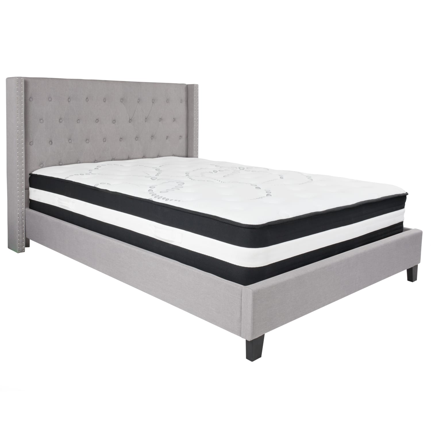 Flash Furniture Riverdale Tufted Upholstered Platform Bed With Accent Nail Trimmed Extended Sides And Pocket Spring Mattress, Queen, Light Gray - Image 3