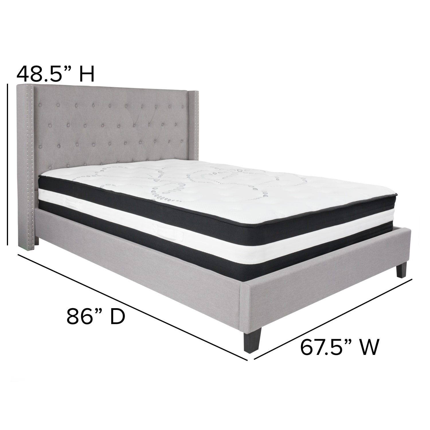 Flash Furniture Riverdale Tufted Upholstered Platform Bed With Accent Nail Trimmed Extended Sides And Pocket Spring Mattress, Queen, Light Gray - Image 5