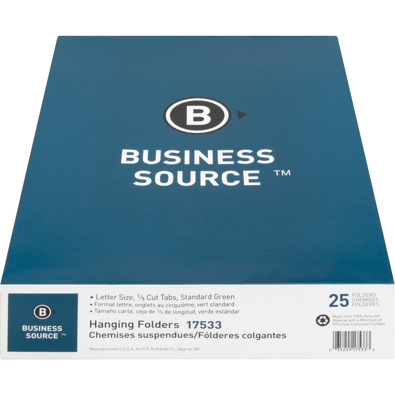 Business Source 1/5 Tab Cut Letter Recycled Hanging Folder - 8 1/2in x 11in - 11 pt. - Green - Acid-free - 100% Recycled - 25 / Box - Image 3