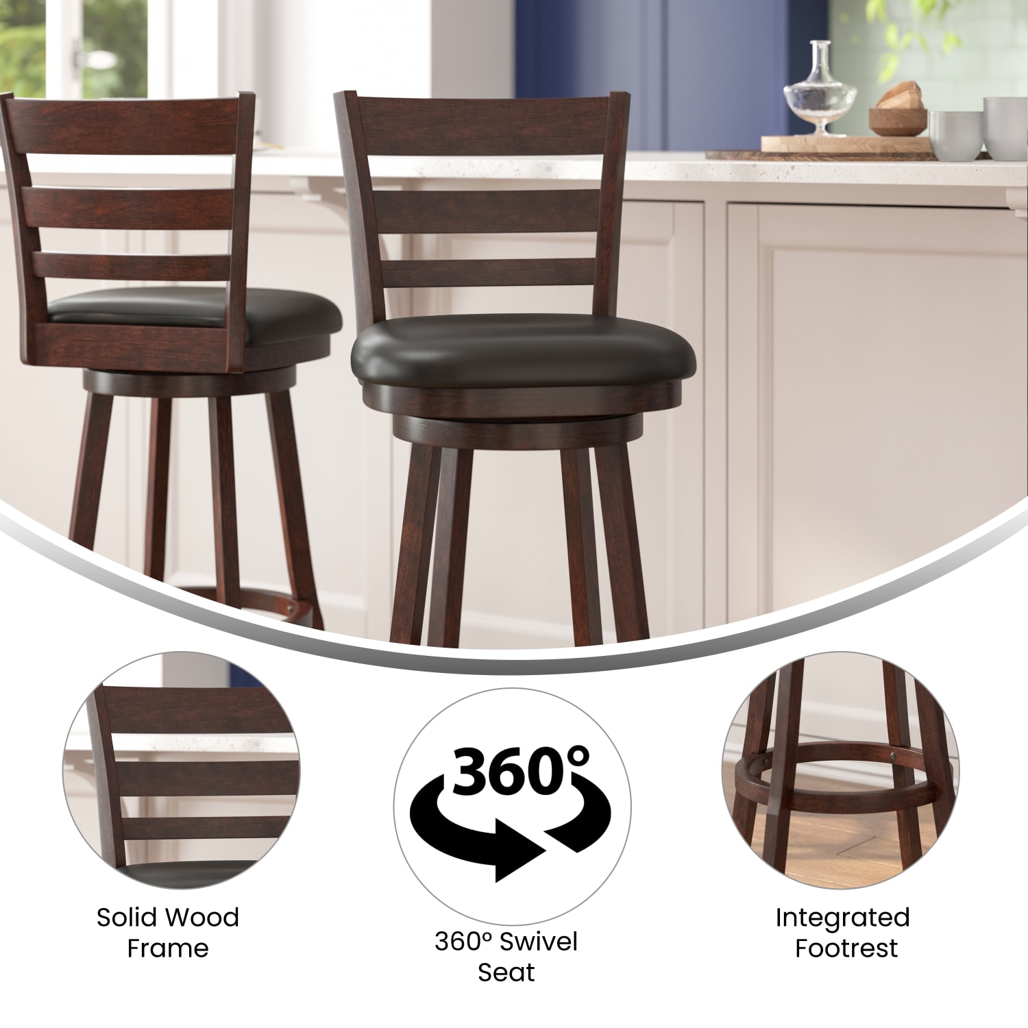 Flash Furniture Zerrick Commercial Grade Wood Classic Ladderback Swivel Bar Height Barstool with Padded, Upholstered Seat, Black Vinyl/Espresso Frame - Image 4