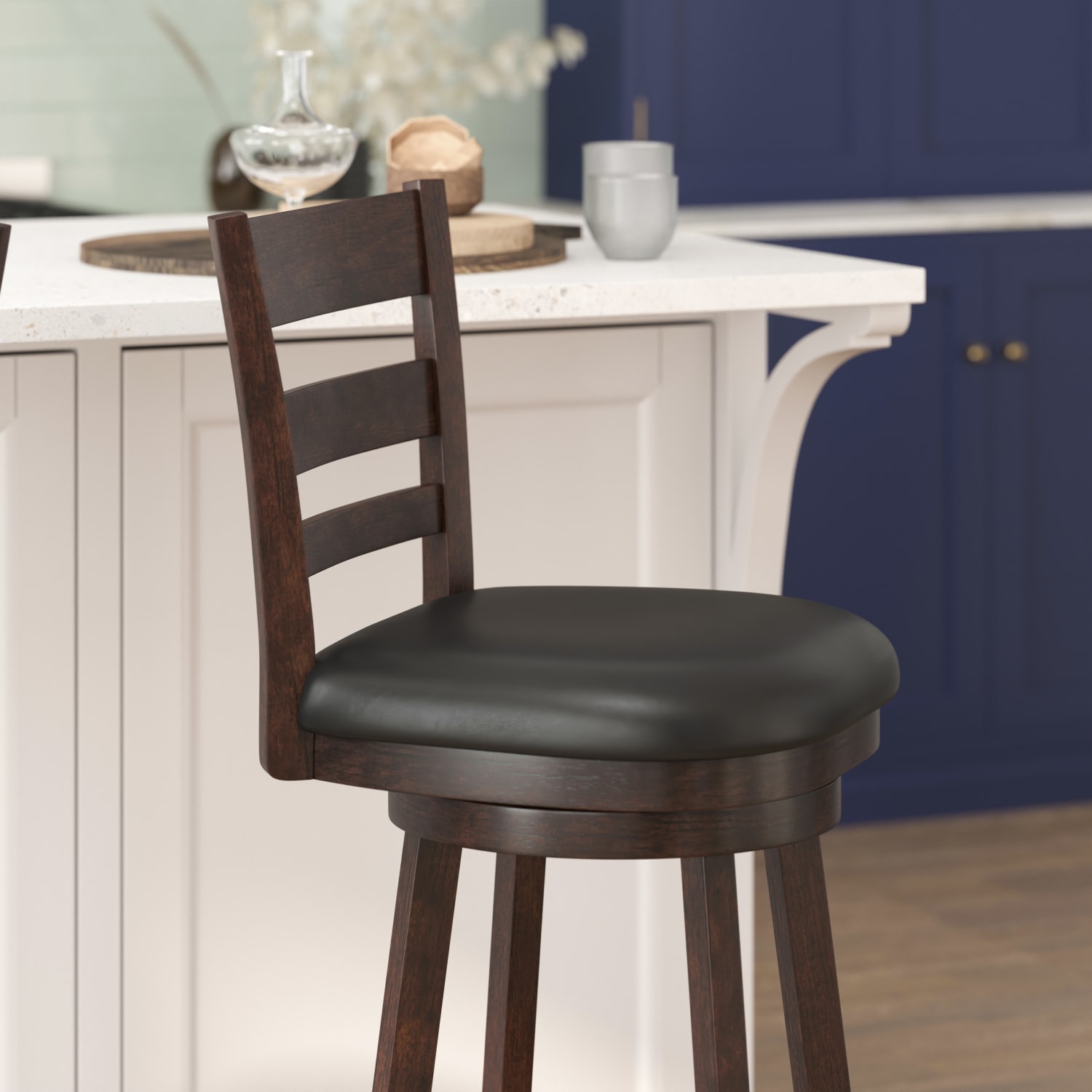 Flash Furniture Zerrick Commercial Grade Wood Classic Ladderback Swivel Bar Height Barstool with Padded, Upholstered Seat, Black Vinyl/Espresso Frame - Image 6