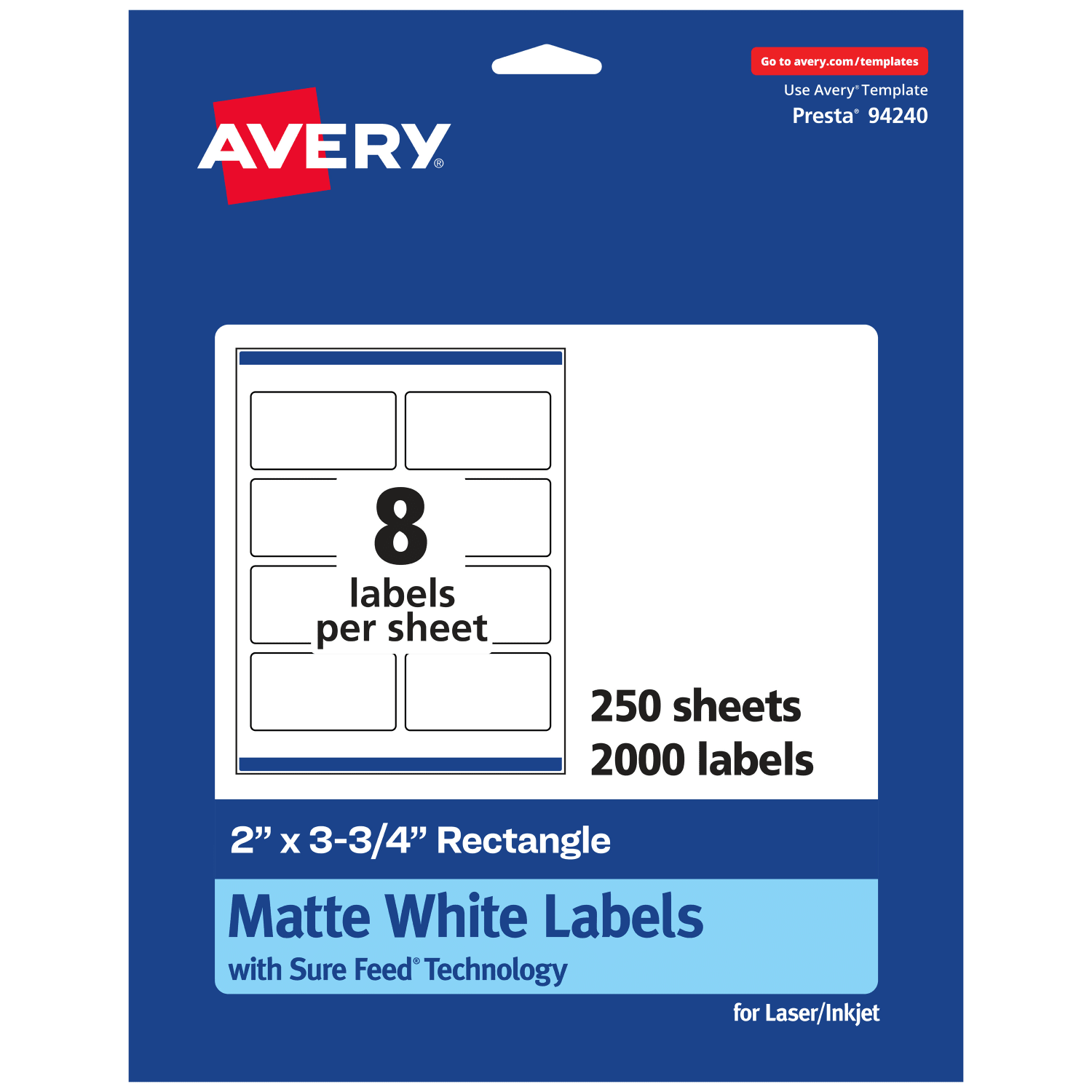 Avery Permanent Labels With Sure Feed, 94240-WMP250, Rectangle, 2in x 3-3/4in, White, Pack Of 2,000