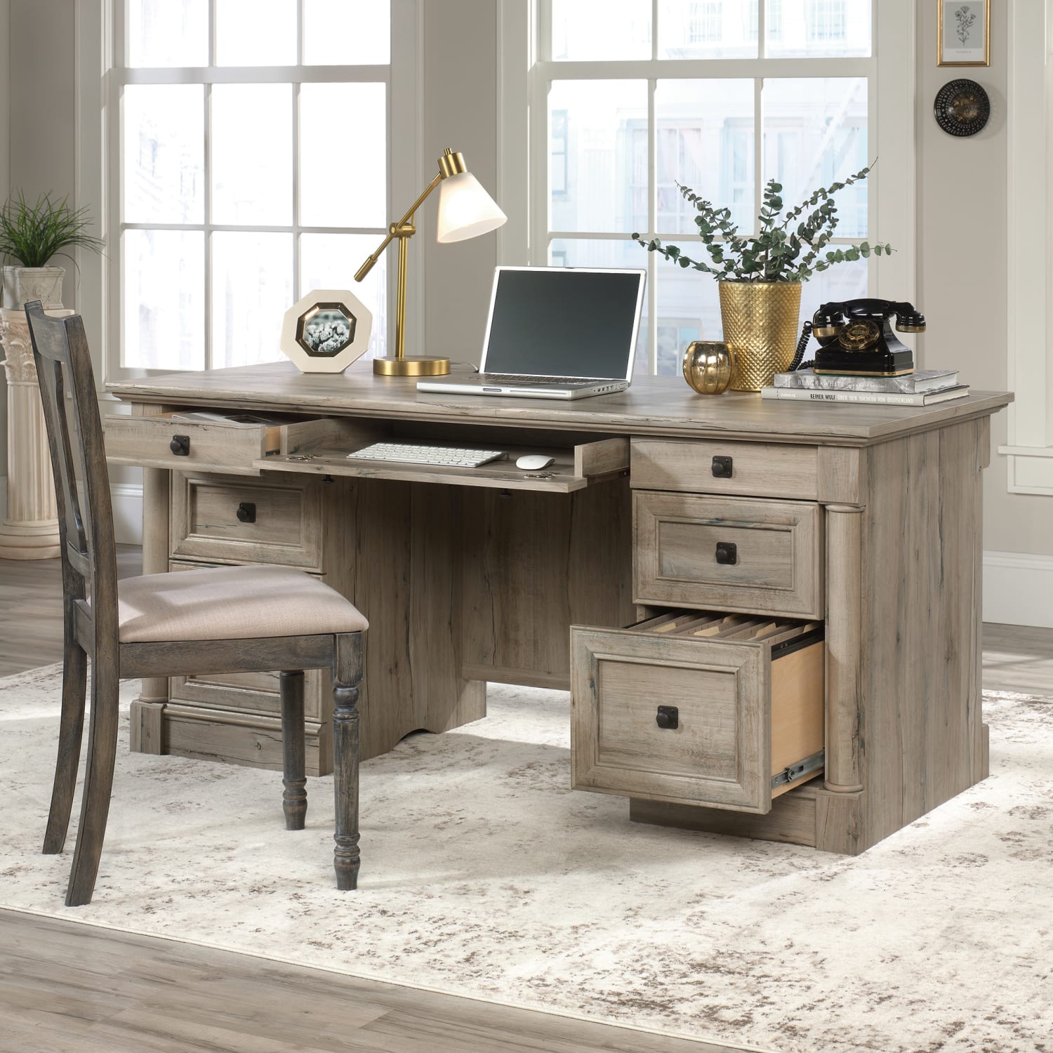 Sauder Palladia 66inW Double-Pedestal Executive Computer Desk, Split Oak - Image 5