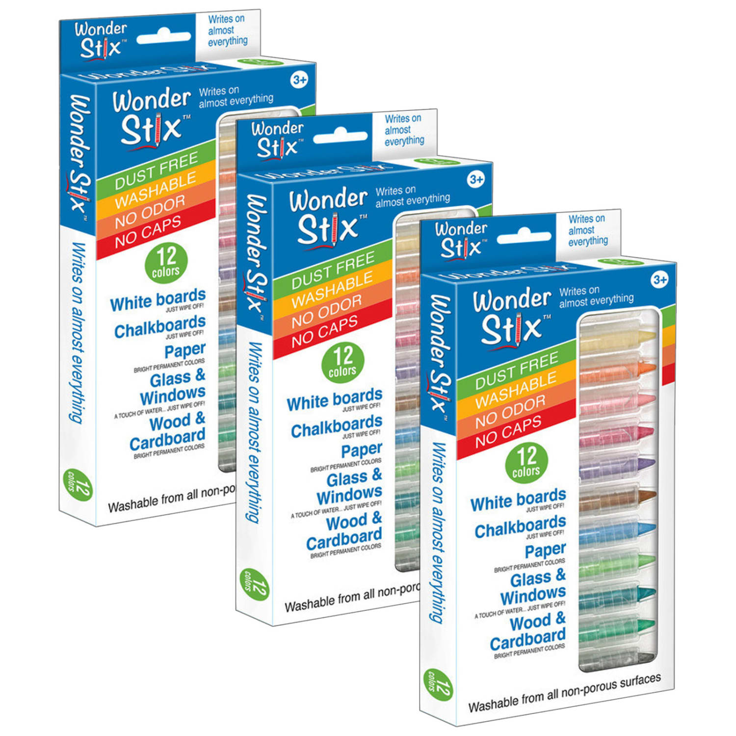 Wonder Stix Wonder Stix Chalk Crayons, 4-1/4in, Assorted Colors, Pack Of 12 Crayons, Set Of 3 Packs