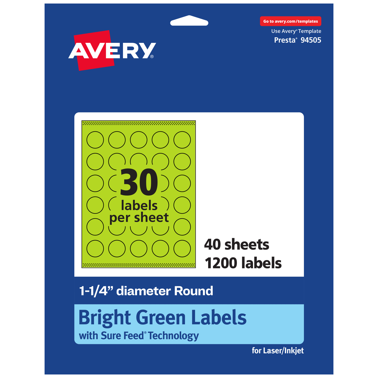 Avery Print-To-The-Edge Labels With Sure Feed Technology And Easy Peel Label Feature, 94505-BGP40, Round, 1-1/4in, Matte Bright Green, Pack of 1200