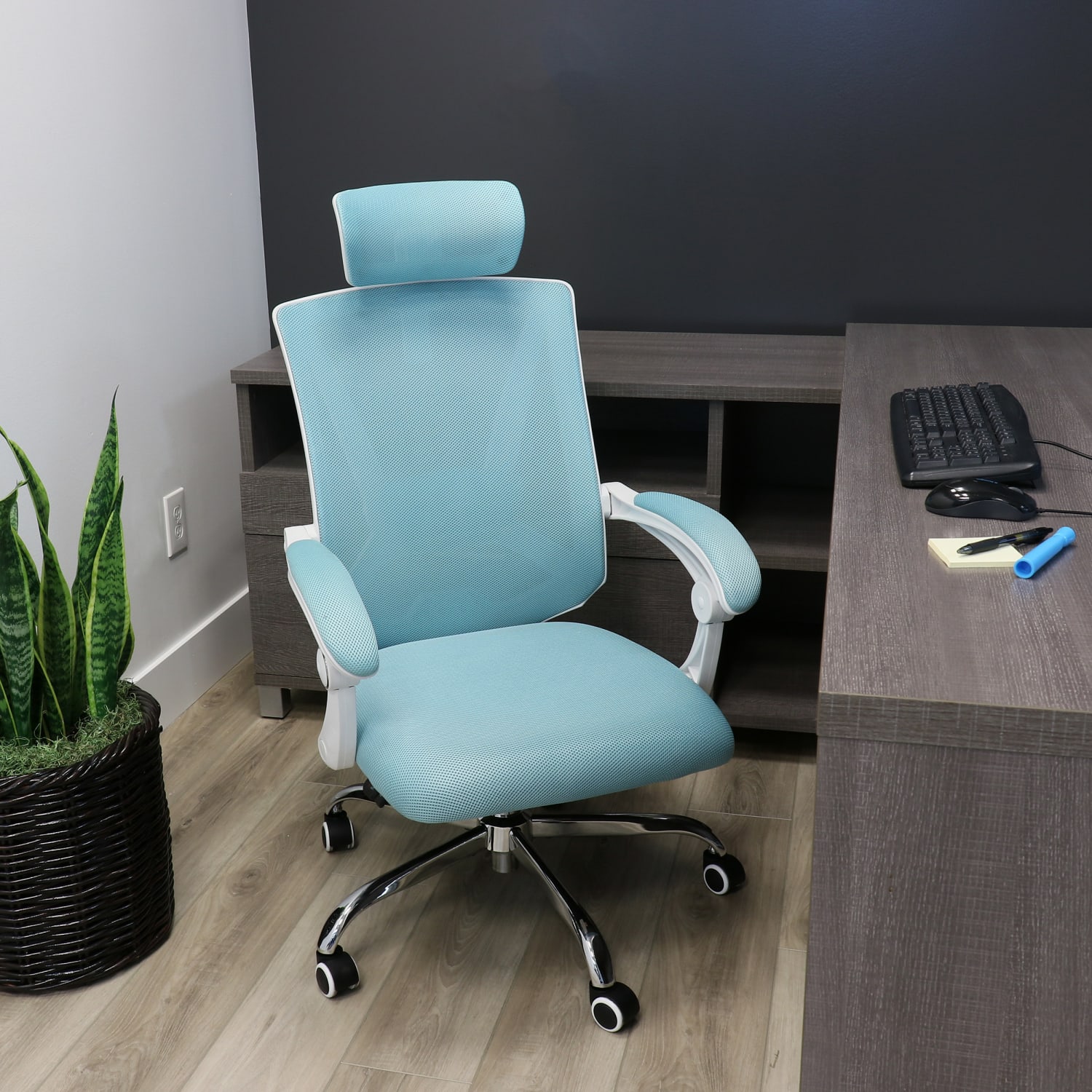 Elama Ergonomic Mesh Full-Back Adjustable Office Task Chair With Headrest, Blue/White - Image 5