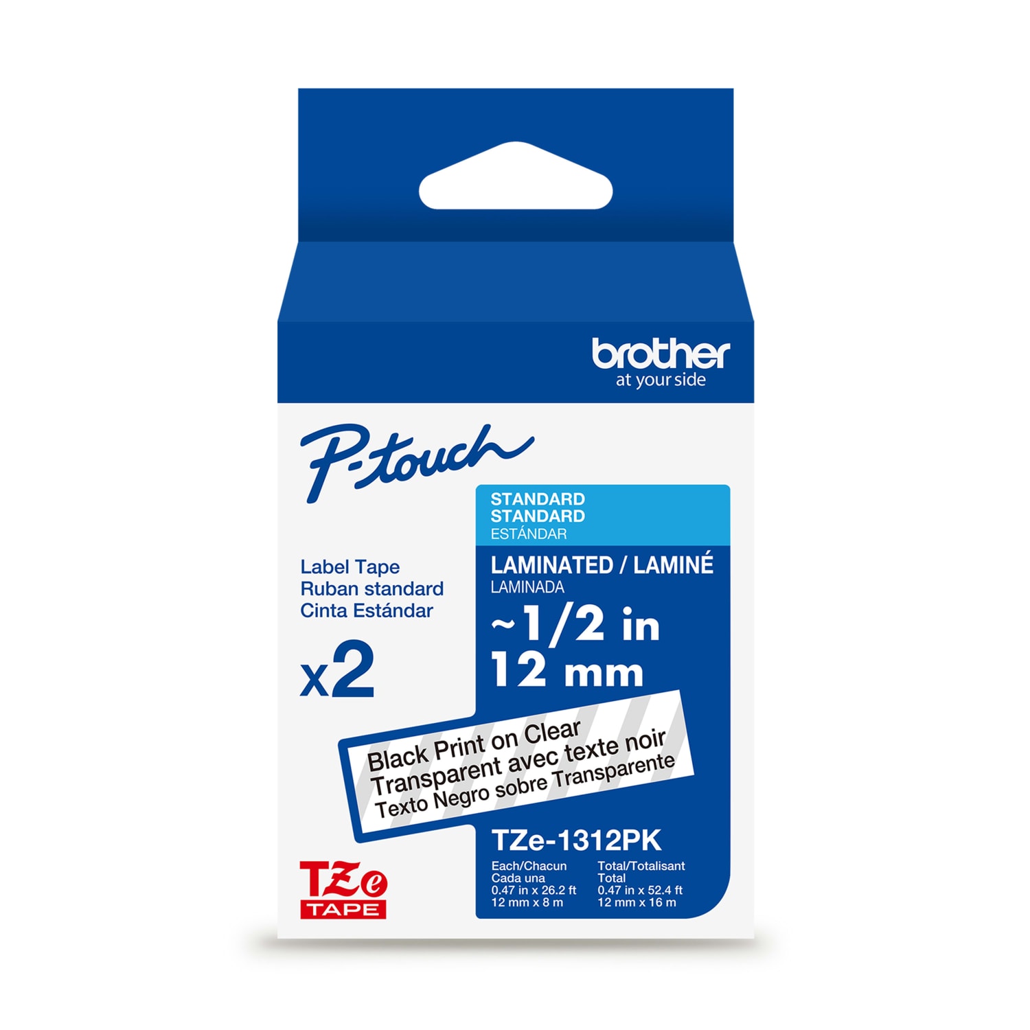 Brother P-touch TZe1312PK, Laminated, 1/2in x 26.2 ft (12mm x 8m), Black on Clear Label Tape, 2 pack