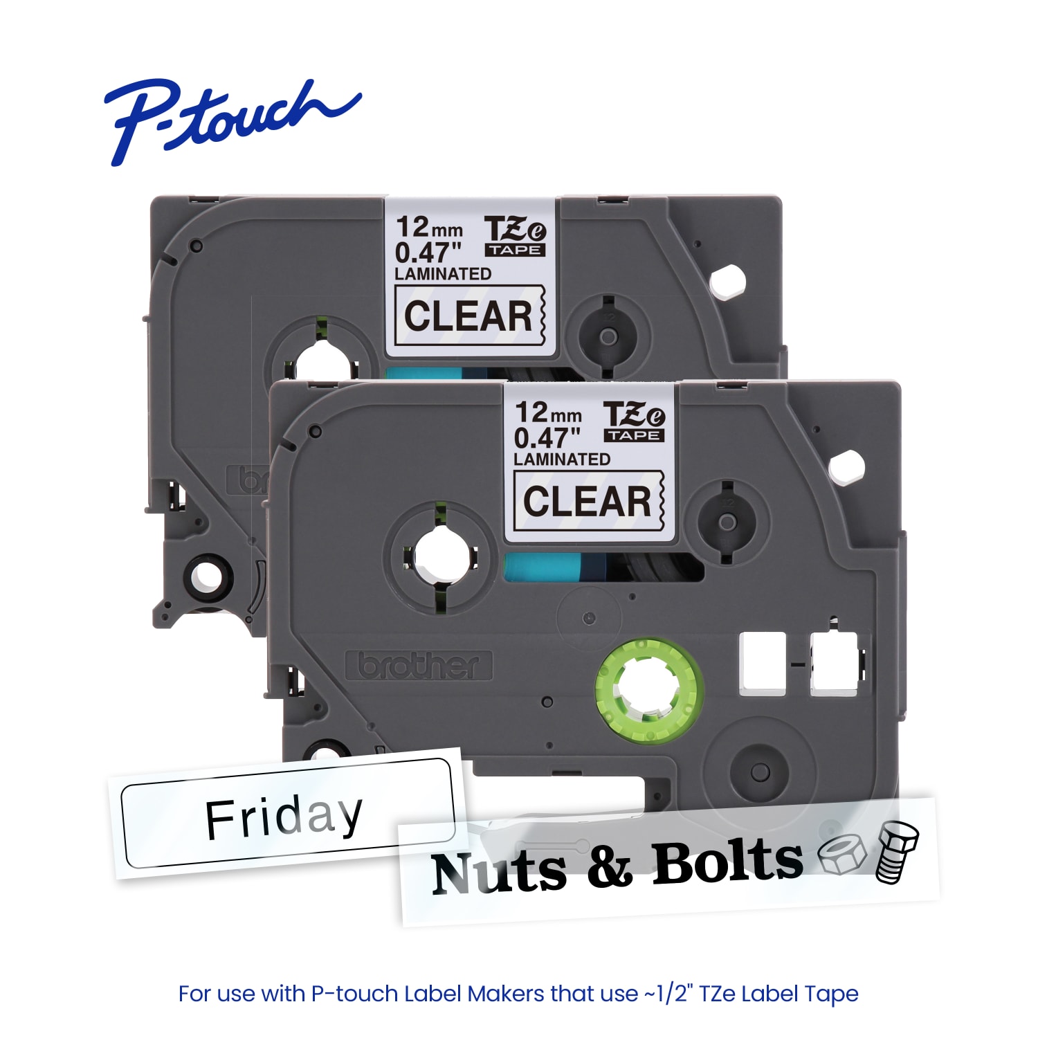 Brother P-touch TZe1312PK, Laminated, 1/2in x 26.2 ft (12mm x 8m), Black on Clear Label Tape, 2 pack - Image 3