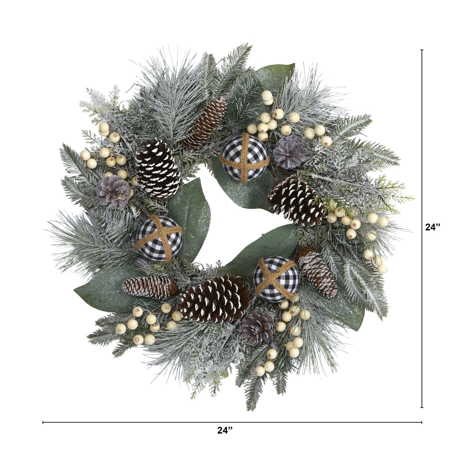 Nearly Natural Snow-Tipped Holiday 24inH Artificial Wreath With Berries, Pine Cones and Ornaments, 24in x 5in, Green - Image 3