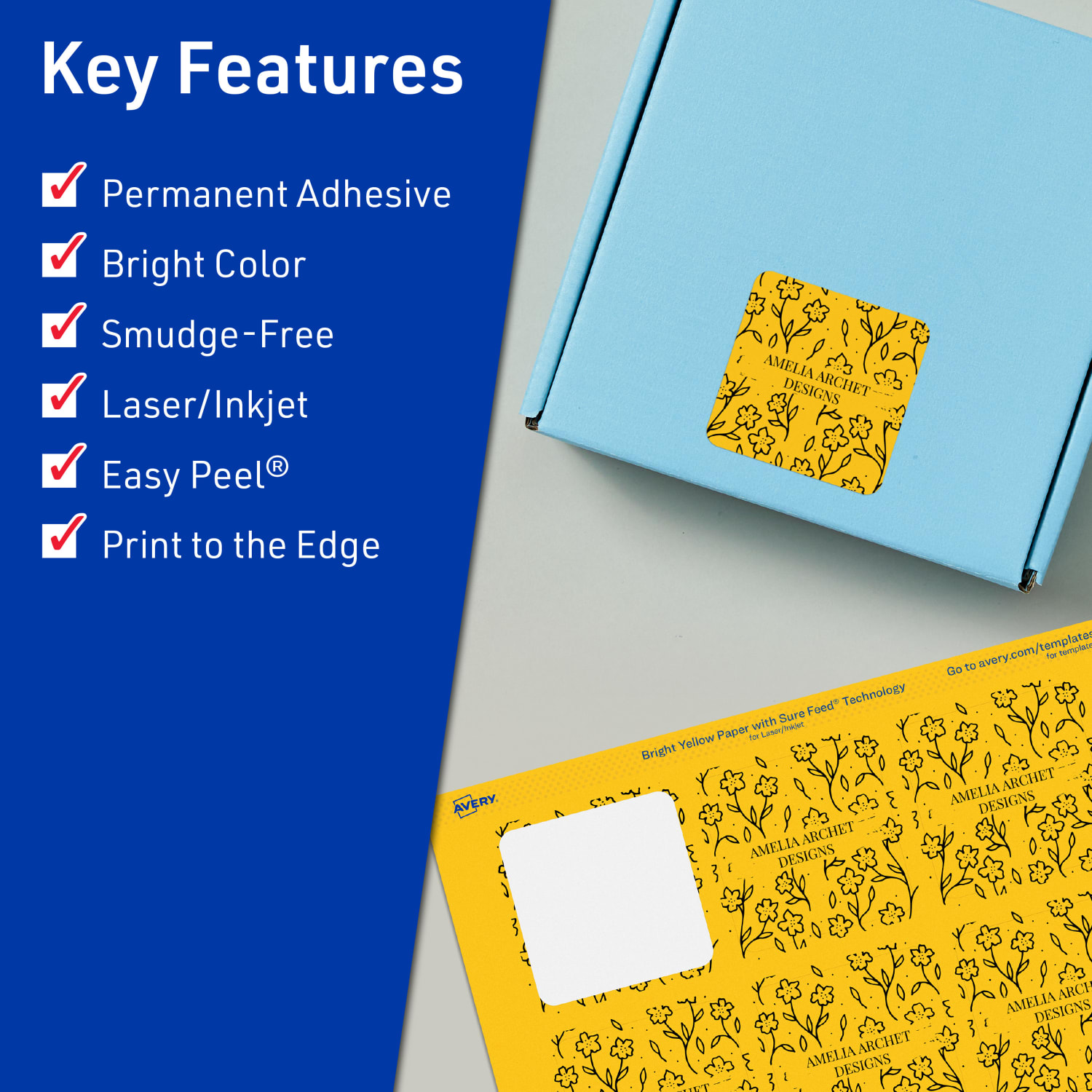 Avery Print-To-The-Edge Labels With Sure Feed Technology And Easy Peel, 94105-BYP10, Square, 2-1/8in x 2-1/8in, Matte Bright Yellow, Pack of 120 - Image 3