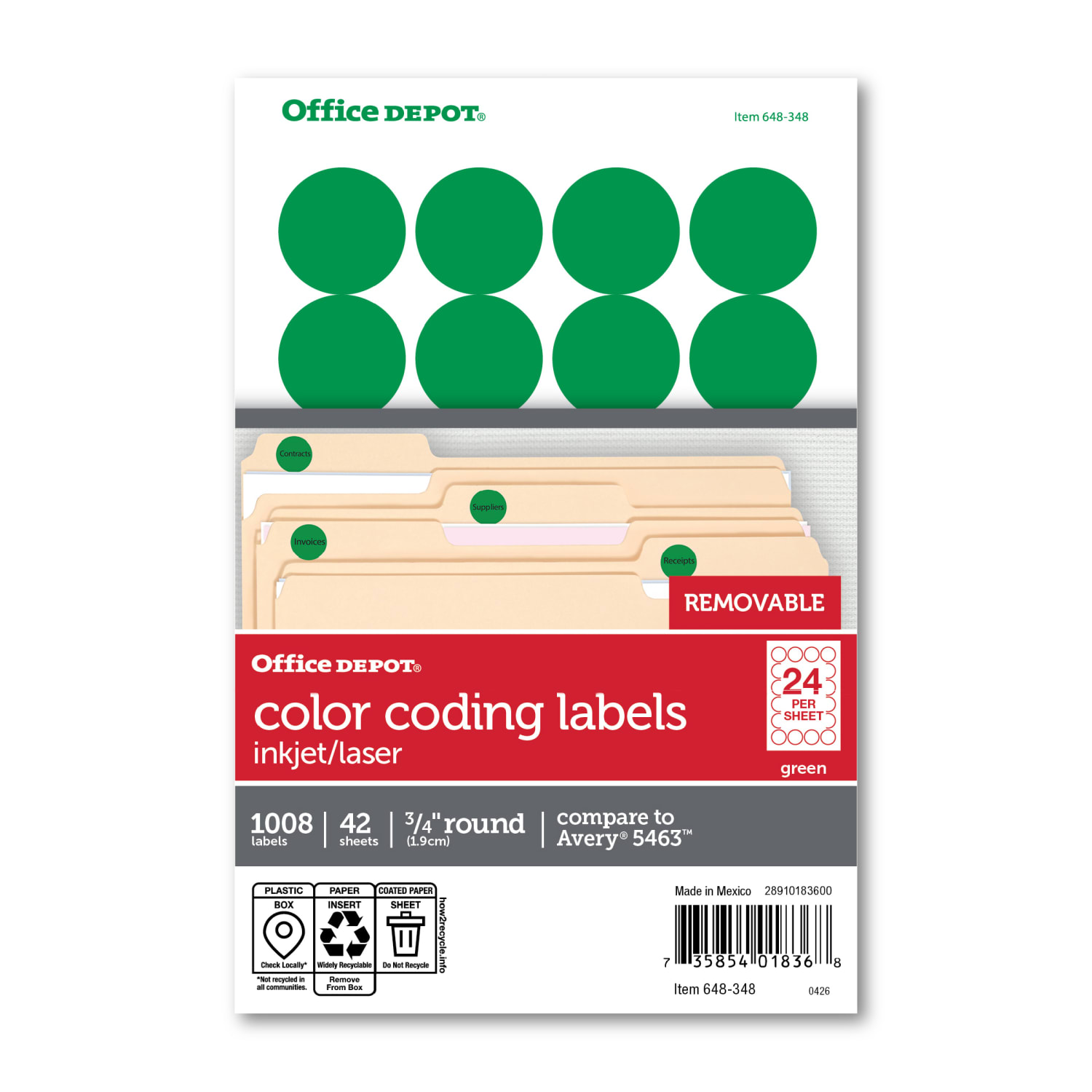 Office Depot Brand Removable Round Color-Coding Labels, 3585401836, 3/4in Diameter, Green, Pack Of 1,008