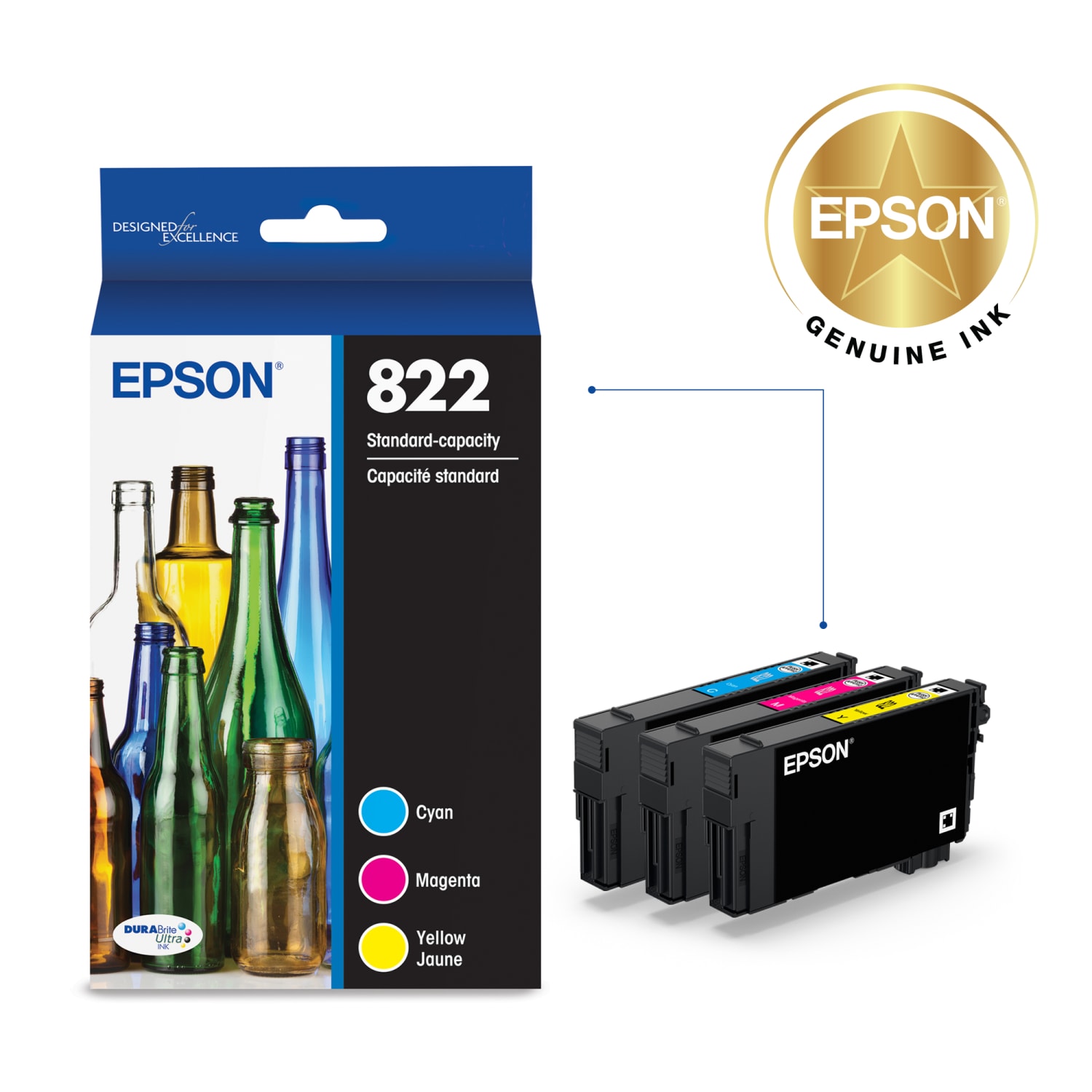 Epson 822 DuraBrite Ultra Cyan, Magenta, Yellow Ink Cartridges, Pack Of 3, T822520-S - Image 3