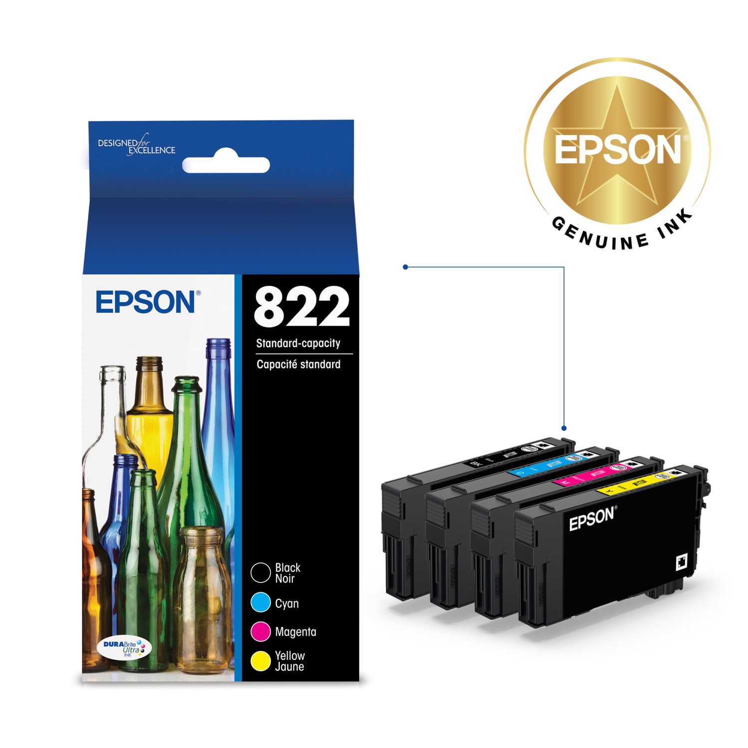 Epson 822 DuraBrite Ultra Black And Cyan, Magenta, Yellow Ink Cartridges, Pack Of 4, T822120-BCS - Image 3