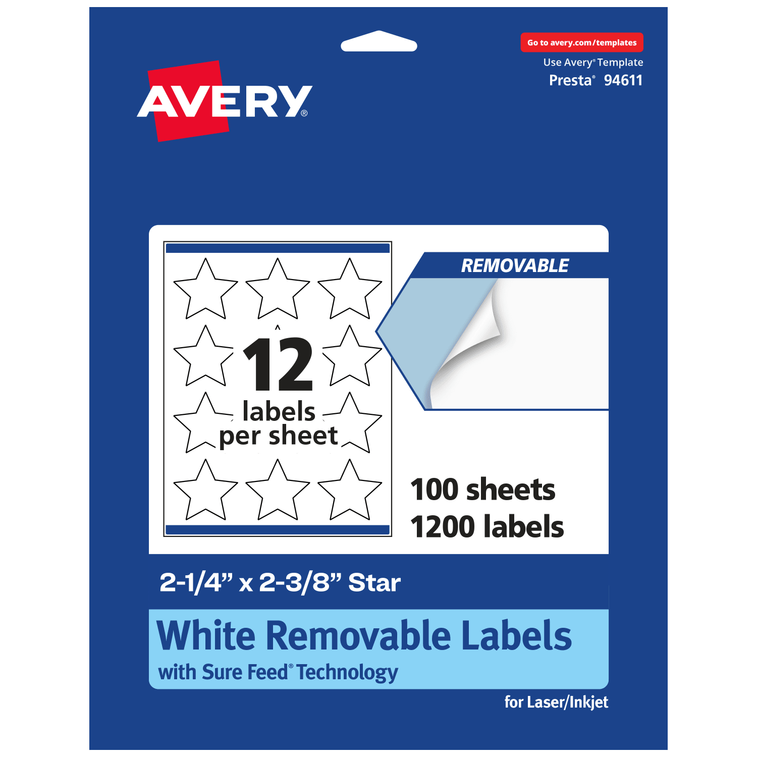 Avery Removable Labels With Sure Feed, 94611-RMP100, Star, 2-1/4in x 2-3/8in, White, Pack Of 1,200 Labels