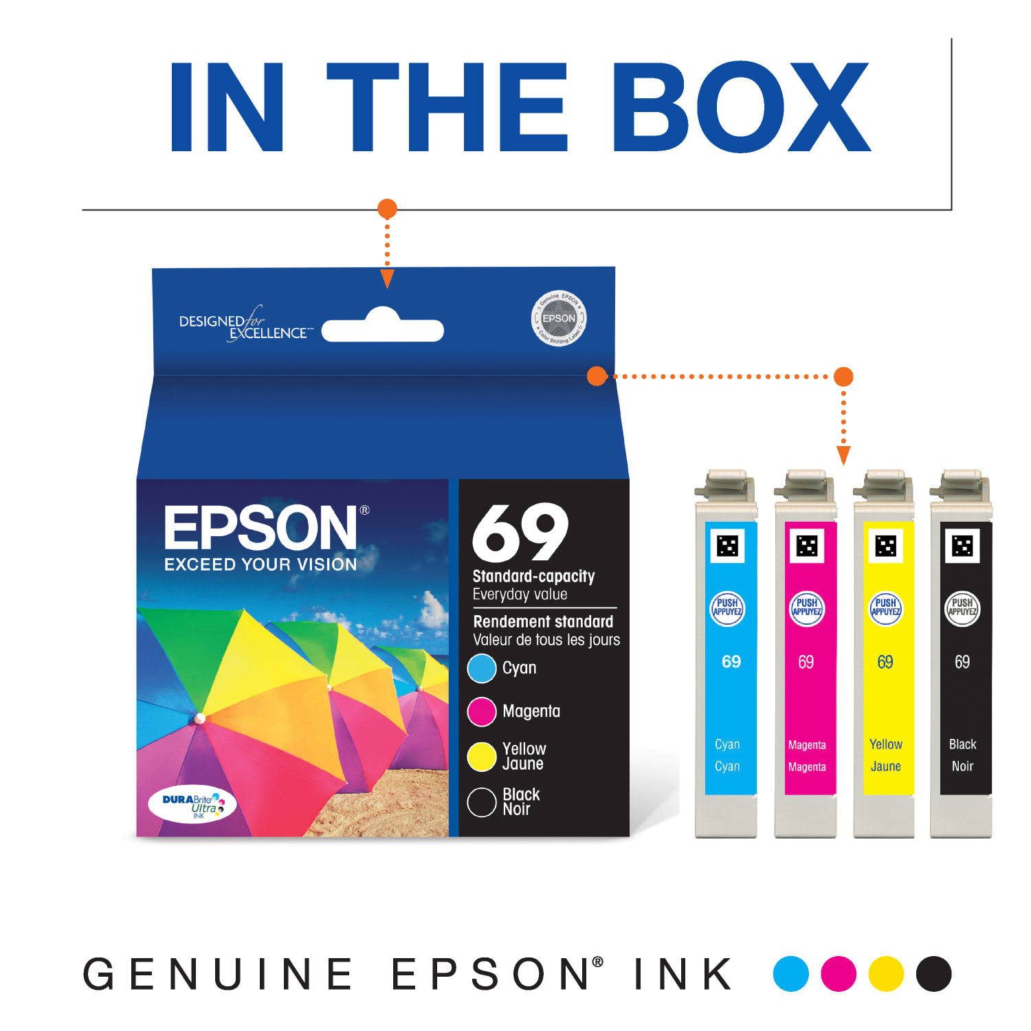 Epson 69 DuraBrite Black And Cyan, Magenta, Yellow Ink Cartridges, Pack Of 4, T069120-BCS - Image 3