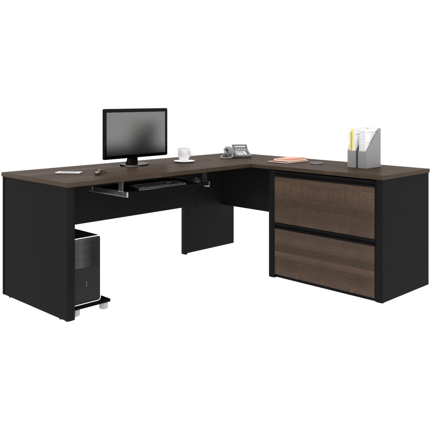 Bestar Connexion 72inW L-Shaped Corner Desk With Lateral File Cabinet, Antigua/Black - Image 3