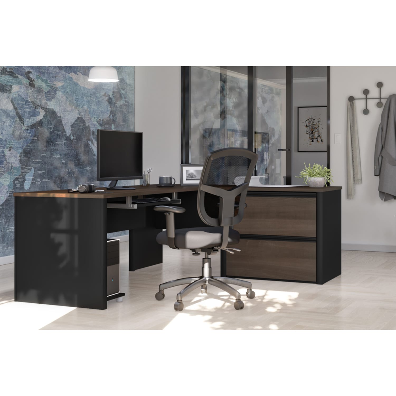 Bestar Connexion 72inW L-Shaped Corner Desk With Lateral File Cabinet, Antigua/Black - Image 4
