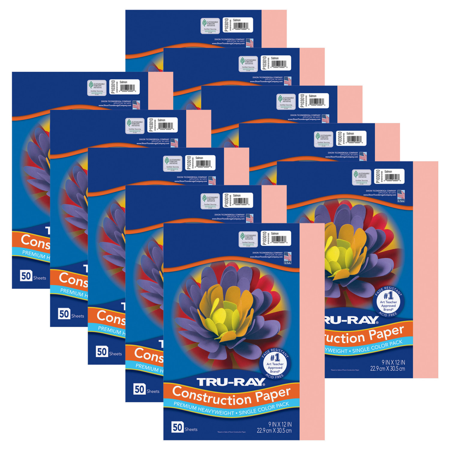 Tru-Ray Construction Paper, Heavyweight, 9in x 12in, Salmon, 50 Sheets Per Pack, Set Of 10 Packs