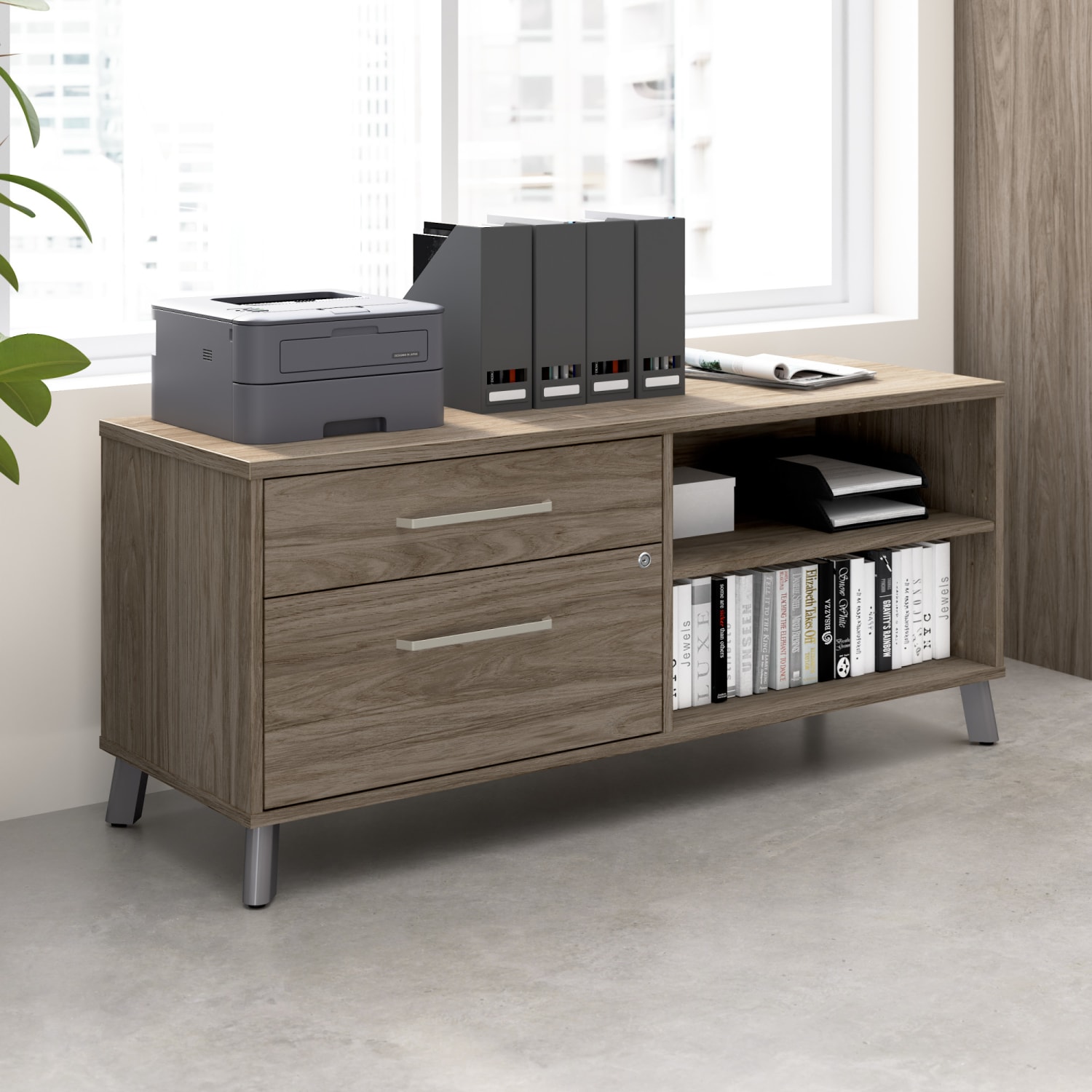 WorkPro Motiva 60inW Low Storage Cabinet With Drawers And Shelves, Modern Hickory, Standard Delivery