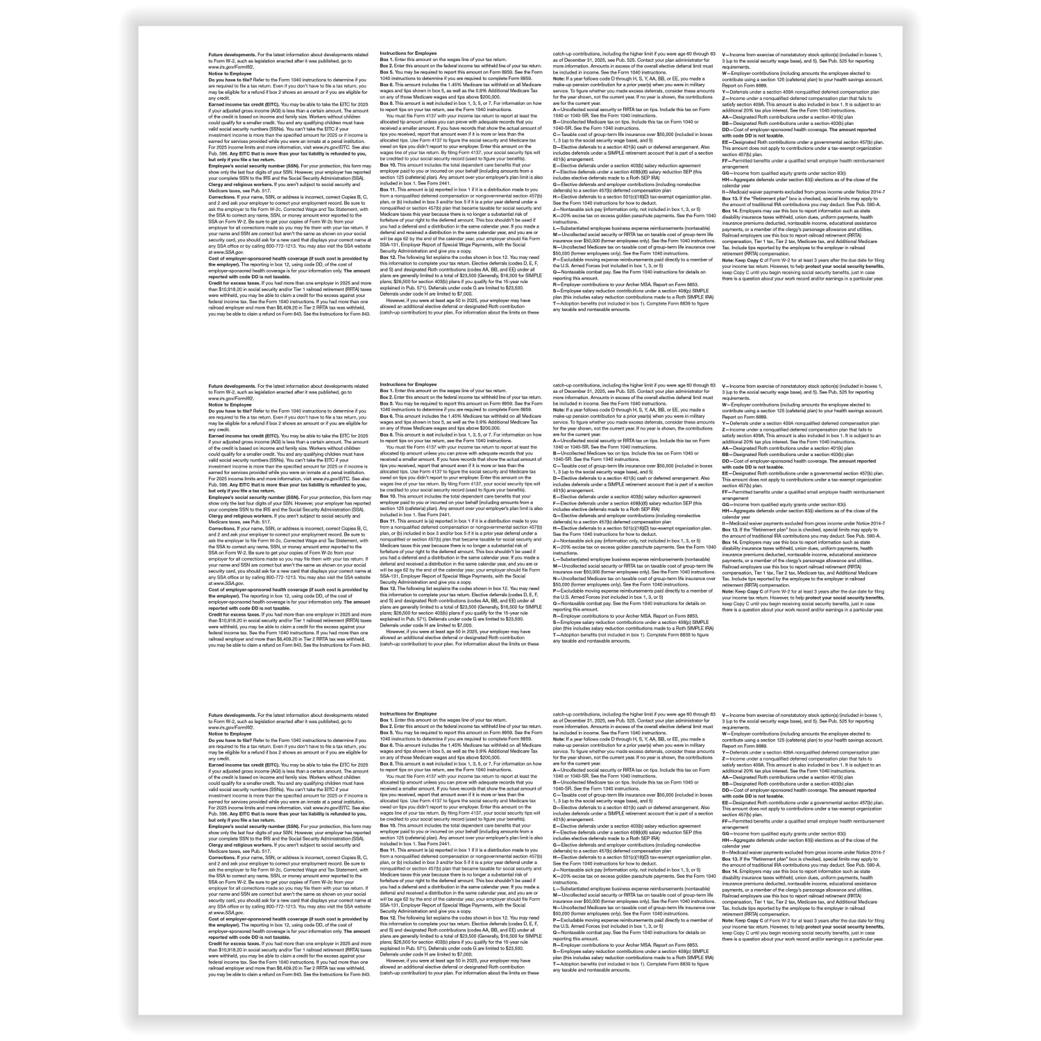 ComplyRight W-2 Blank Tax Forms, 3-Up (Horizontal Format), With Backer Instructions and Stub, 8-1/2in x 11in, Pack Of 500 Forms, 5211B25 - Image 3