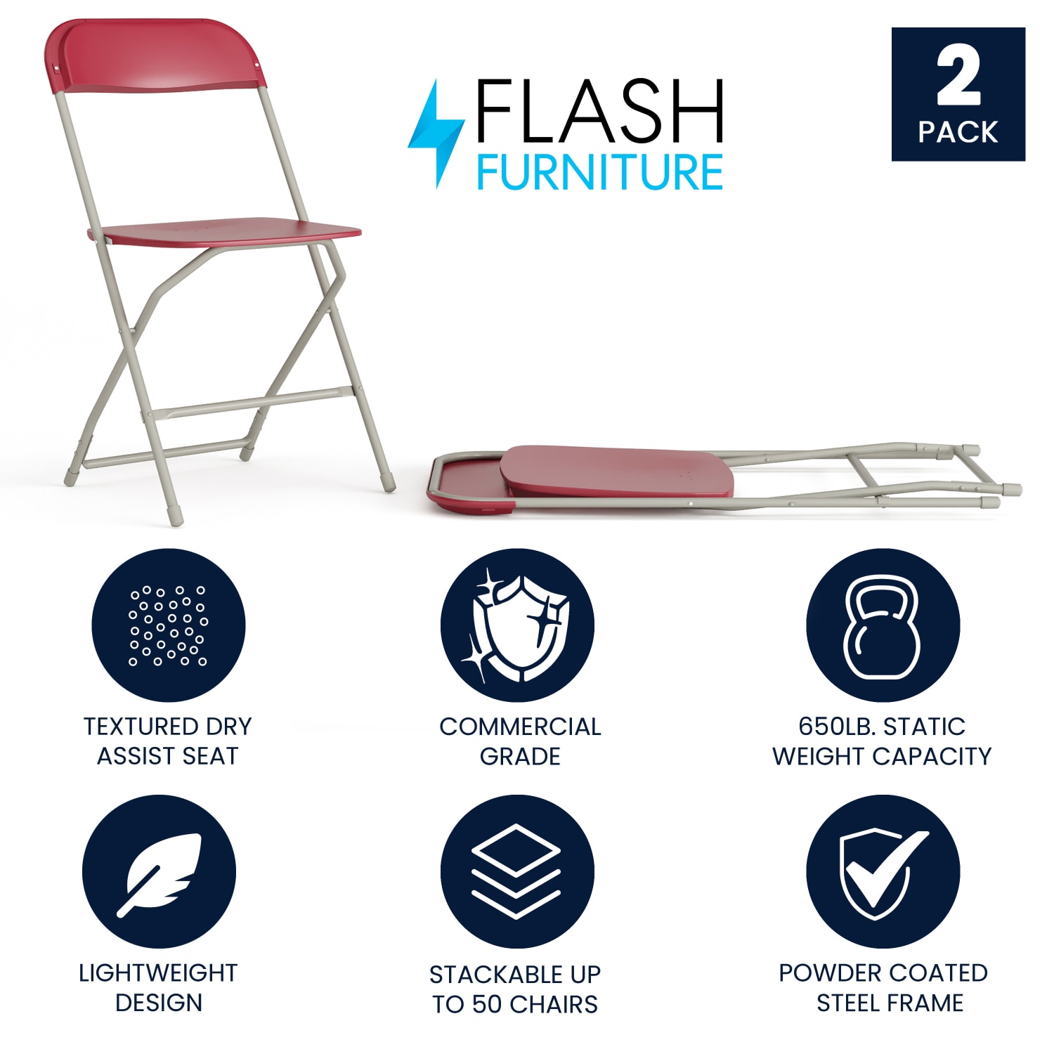 Flash Furniture Hercules Plastic Folding Chairs With 650 lb Capacity RedGray Set Of 2 Chairs PopularChairscom