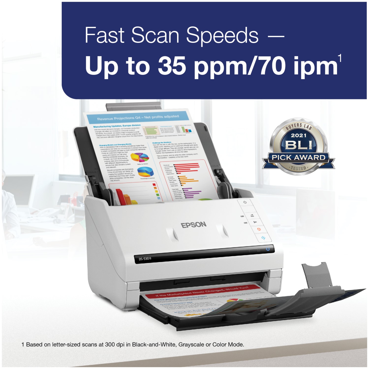 Epson DS-530 II Large Format ADF Scanner - 600 dpi Optical - 30-bit Color - 24-bit Grayscale - 35 ppm (Mono) - 35 ppm (Color) - Duplex Scanning - USB - Image 3