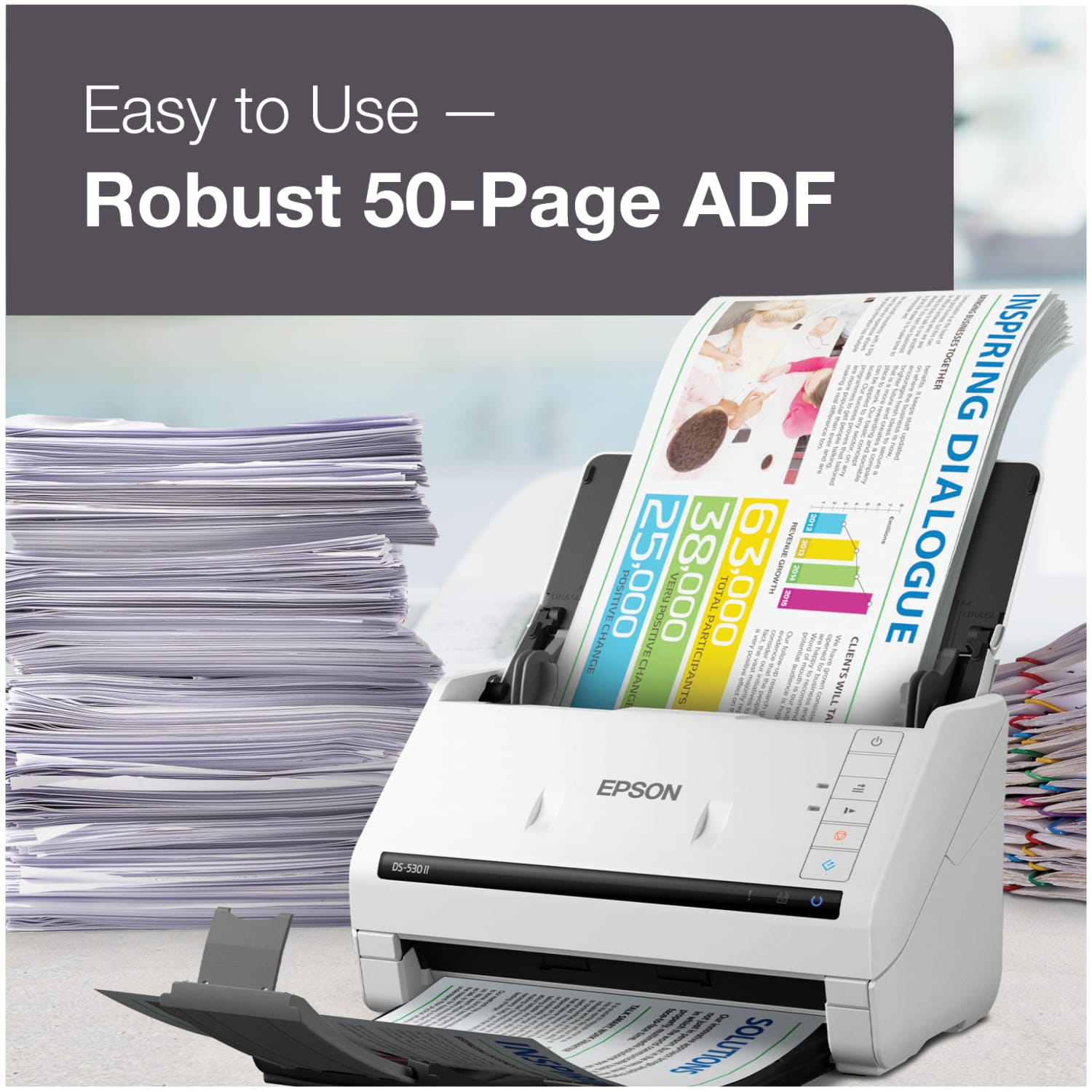 Epson DS-530 II Large Format ADF Scanner - 600 dpi Optical - 30-bit Color - 24-bit Grayscale - 35 ppm (Mono) - 35 ppm (Color) - Duplex Scanning - USB - Image 4