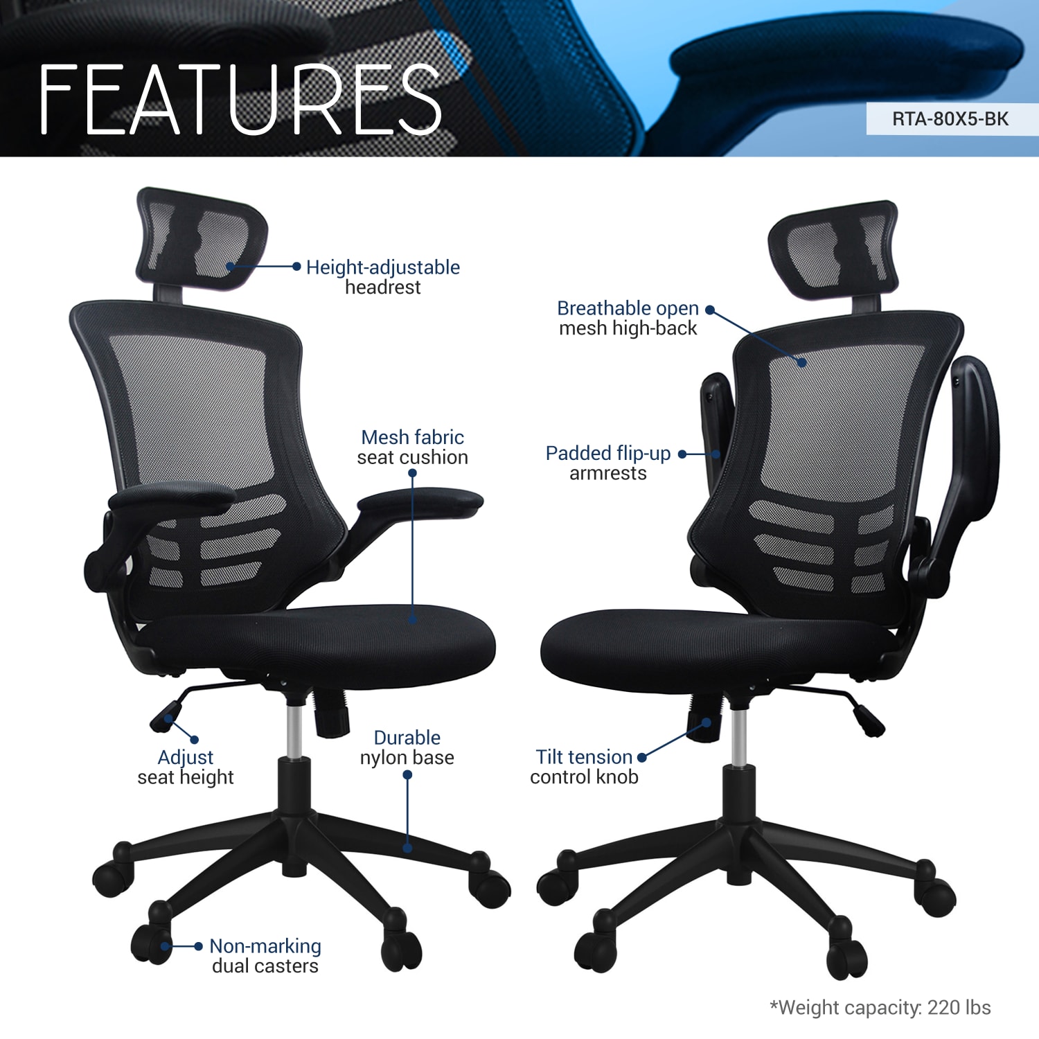Techni Mobili Modern Ergonomic Mesh High-Back Executive Office Chair, Black, Total Qty 1 - Image 4