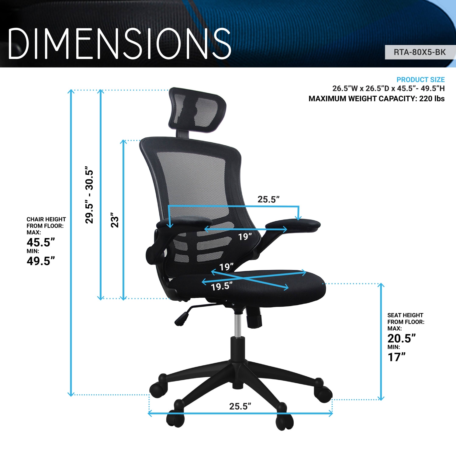 Techni Mobili Modern Ergonomic Mesh High-Back Executive Office Chair, Black, Total Qty 1 - Image 5
