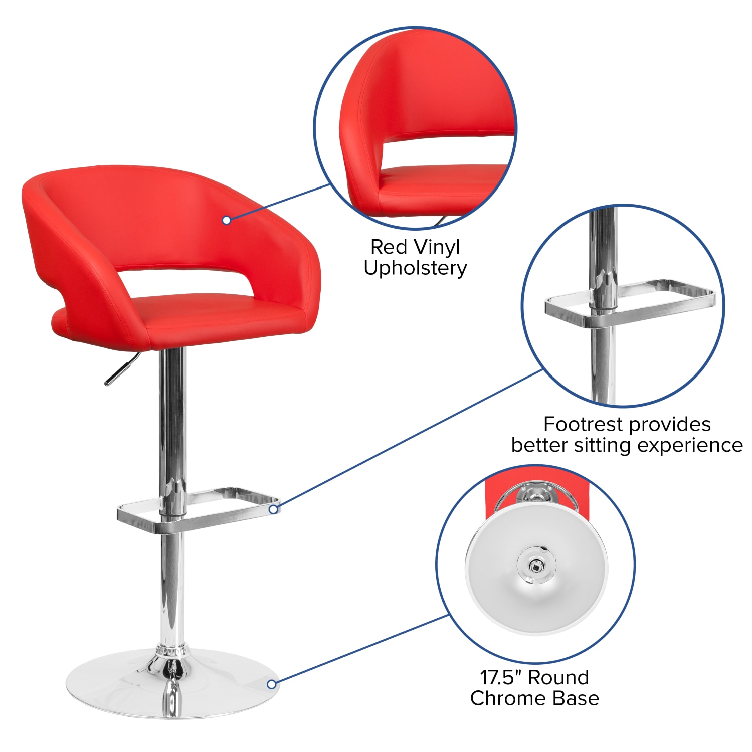 Flash Furniture Contemporary Vinyl Adjustable Height Bar Stool With Rounded Back RedChrome PopularChairscom
