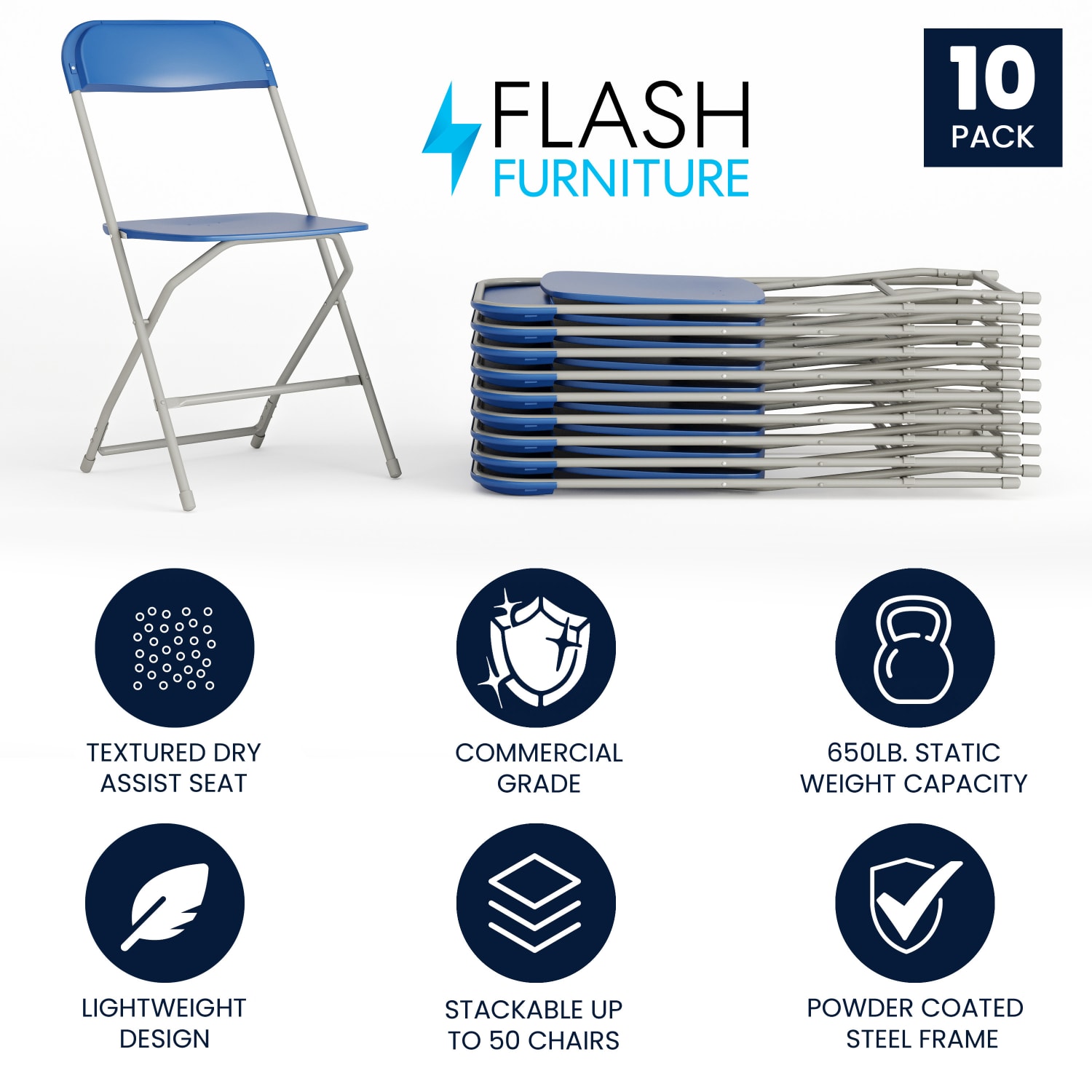 Flash Furniture HERCULES Series Premium Plastic Folding Chairs Blue Set Of 10 Chairs PopularChairscom