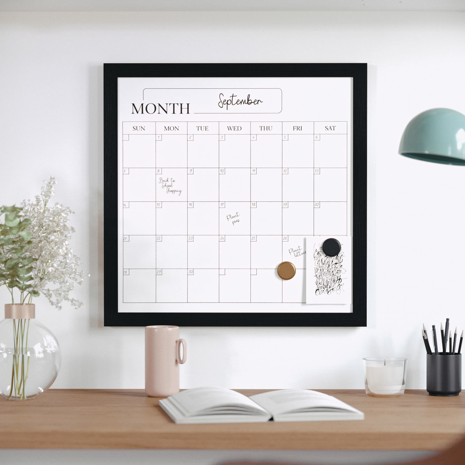 Martha Stewart Everette Magnetic Monthly Calendar Dry-Erase Board, 18in x 18in, Black Wood Grain