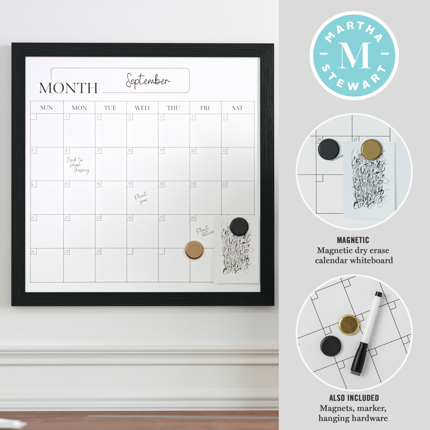 Martha Stewart Everette Magnetic Monthly Calendar Dry-Erase Board, 18in x 18in, Black Wood Grain - Image 4