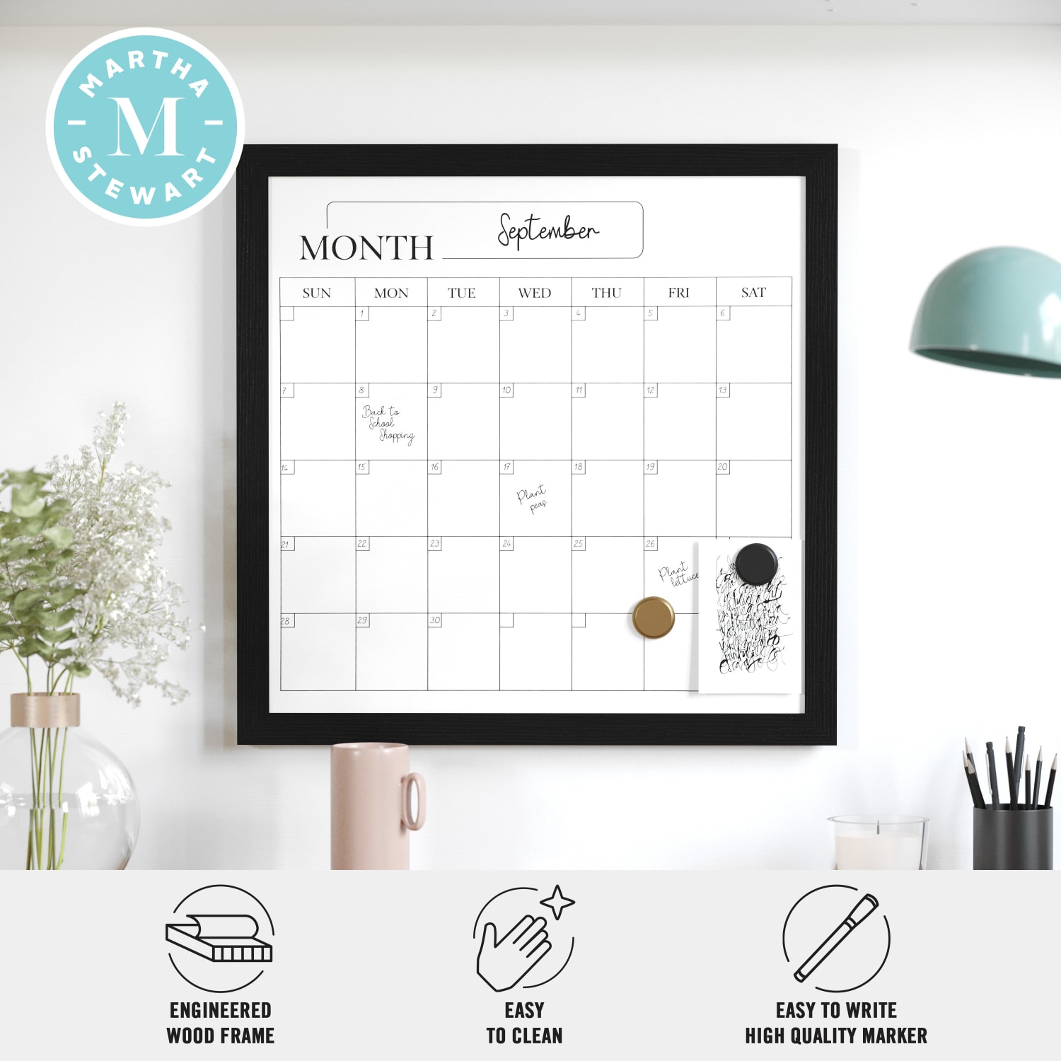 Martha Stewart Everette Magnetic Monthly Calendar Dry-Erase Board, 18in x 18in, Black Wood Grain - Image 5