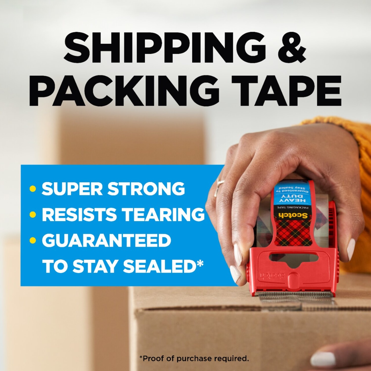 Scotch Heavy Duty Shipping Packing Tape, 1 Tape Roll with Dispenser, 1 7/8 in x 22.2 yd, 1.88in Core, Designed for Packing, Shipping and Mailing, Guaranteed to Stay Sealed, Clear - Image 3