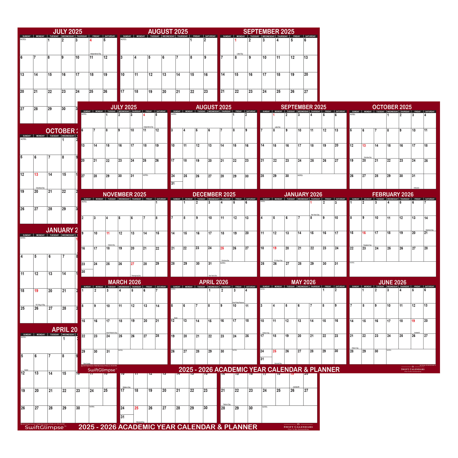 2025-2026 SwiftGlimpse Academic Erasable Monthly Wall Calendar, 24in x 36in, White/Maroon, July 2025 To June 2026